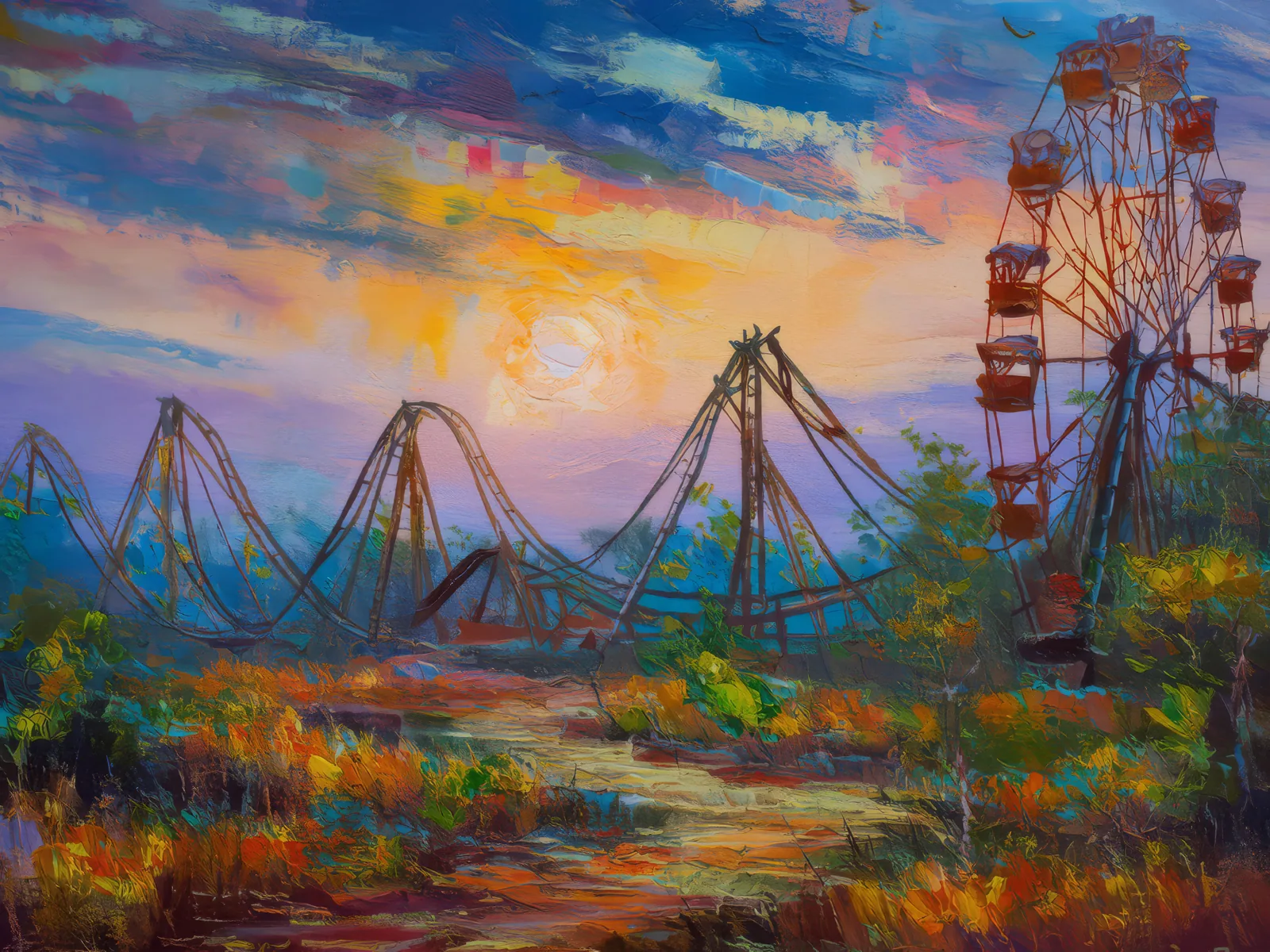 Abandoned Amusement Park at Twilight, a palette-knife oil landscape by Emma Mickelberg