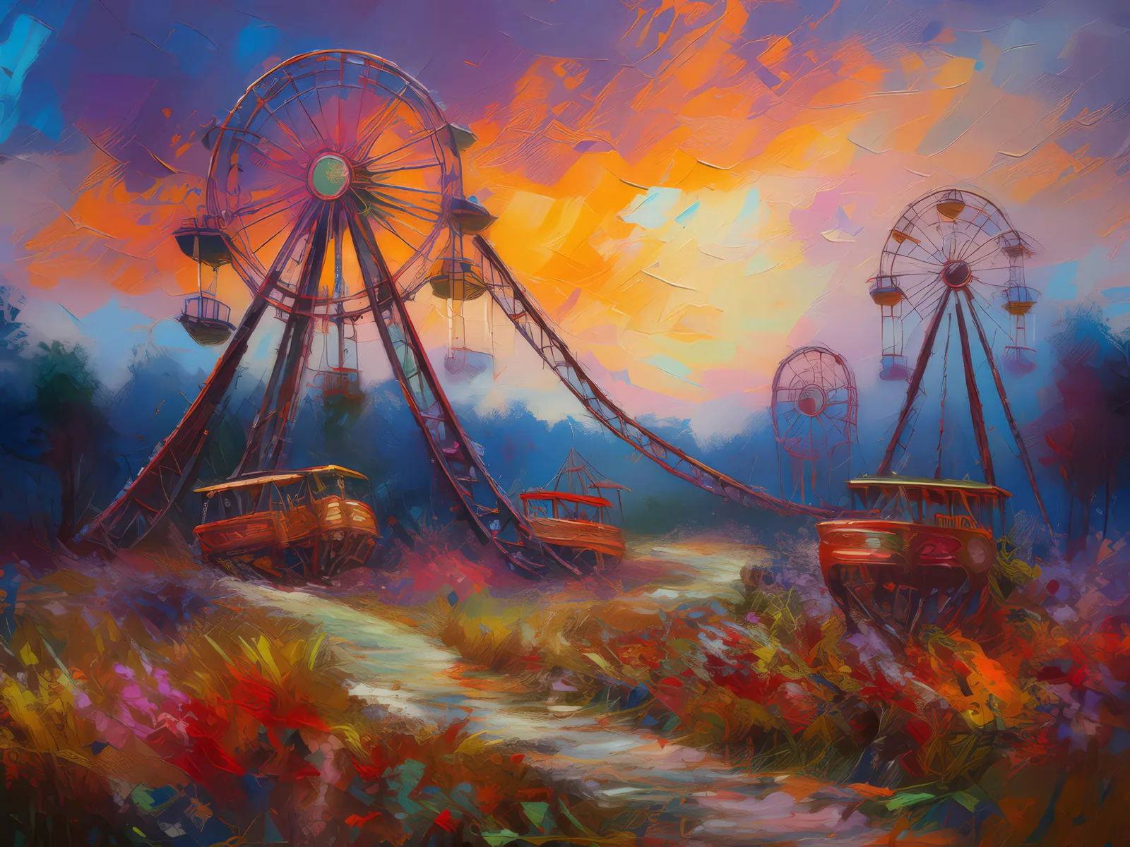 Abandoned Amusement Park, a palette-knife oil landscape by Emma Mickelberg
