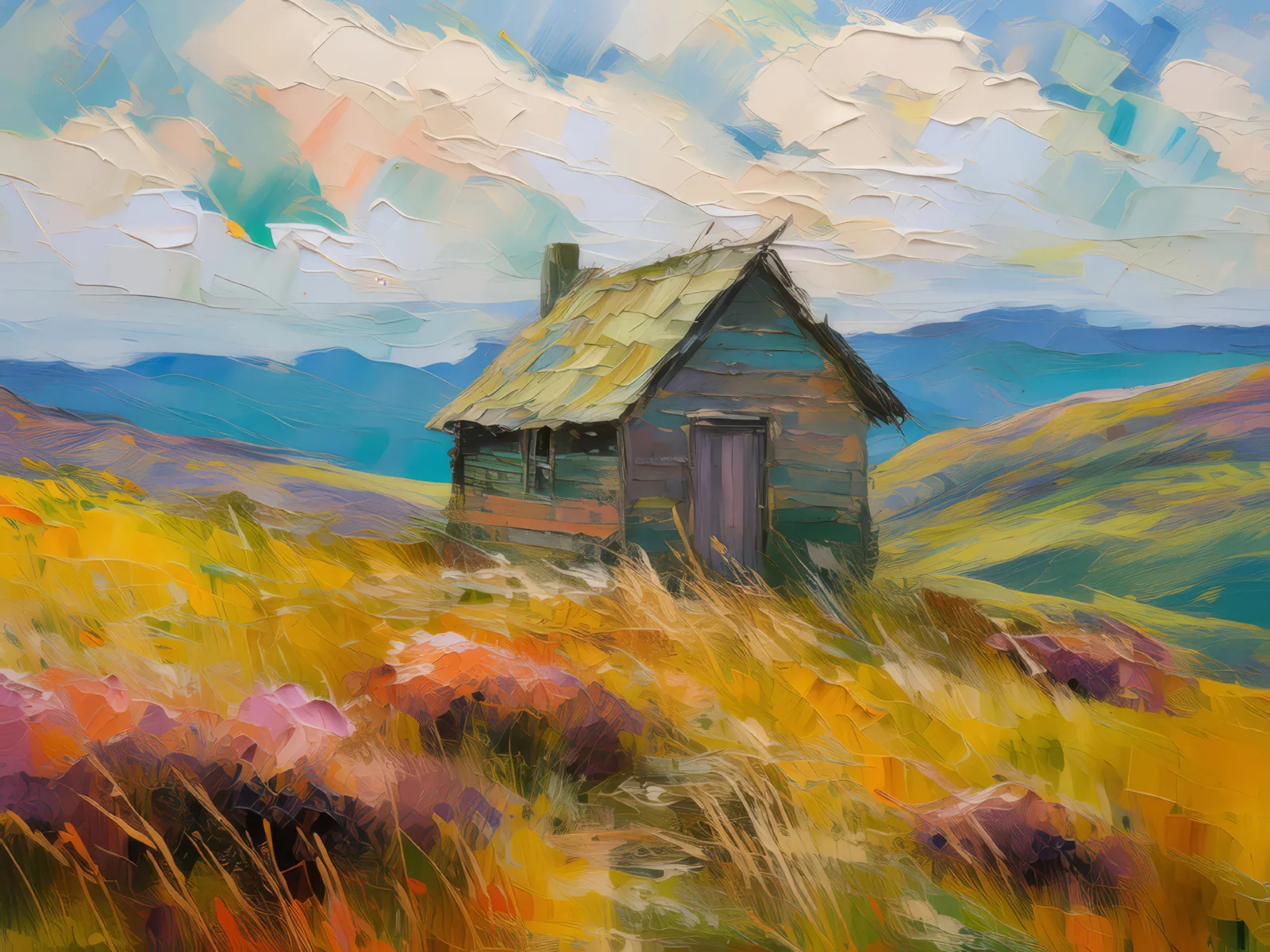 Abandoned Cabin on Moor, a palette-knife oil landscape by Emma Mickelberg