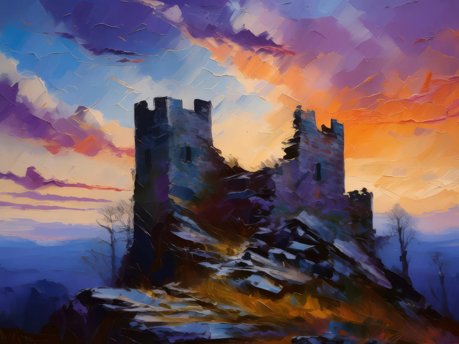 Abandoned Castle Ruins at Dusk, a palette-knife oil landscape by Emma Mickelberg