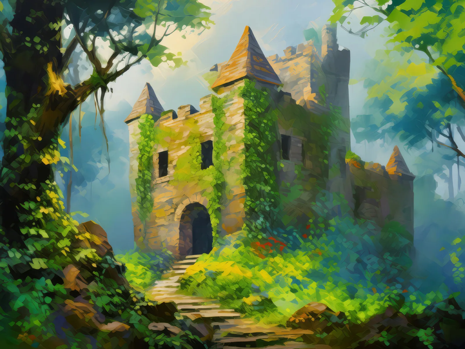 Abandoned Castle Ruins, a palette-knife oil landscape by Emma Mickelberg