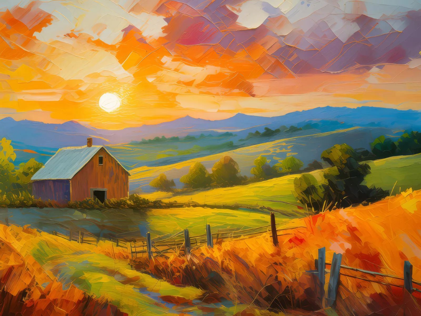 Abandoned Farm at Sunset, a palette-knife oil landscape by Emma Mickelberg