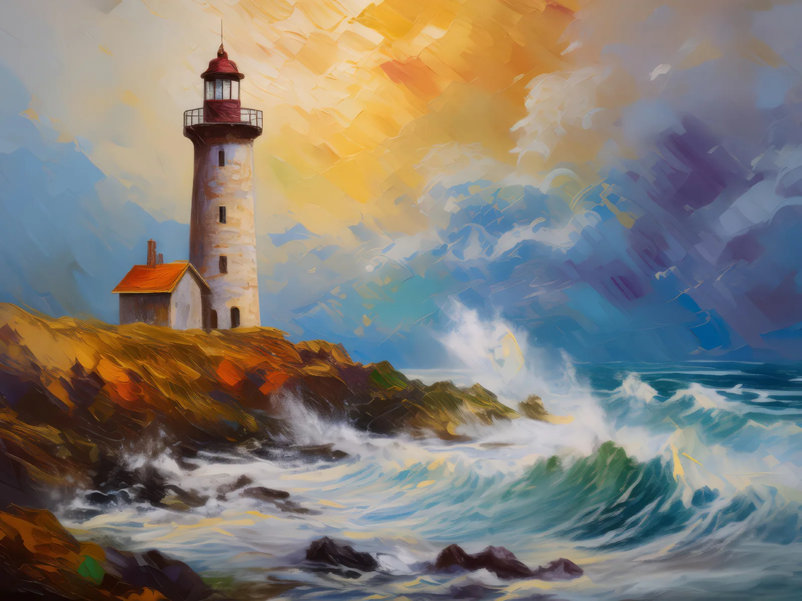 Abandoned Lighthouse Shore, a palette-knife oil landscape by Emma Mickelberg
