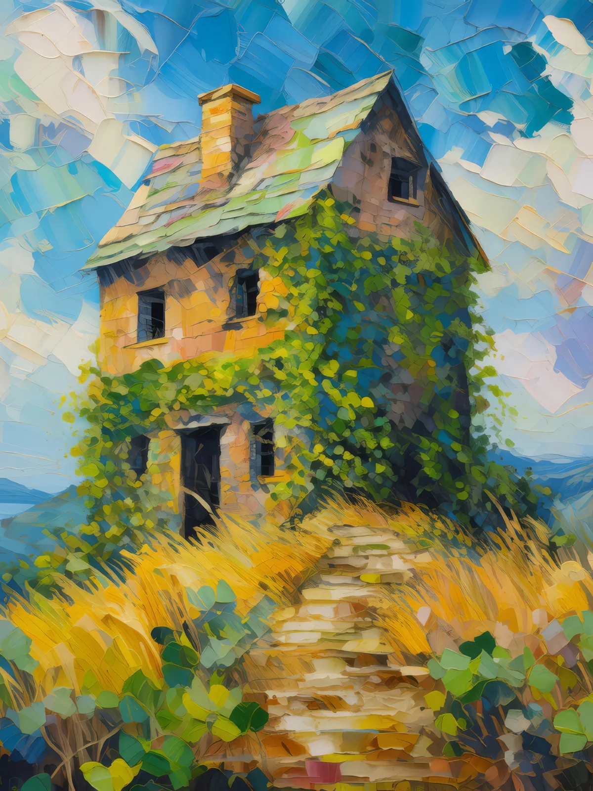 Abandoned Mill on the Hill, a palette-knife oil landscape by Emma Mickelberg