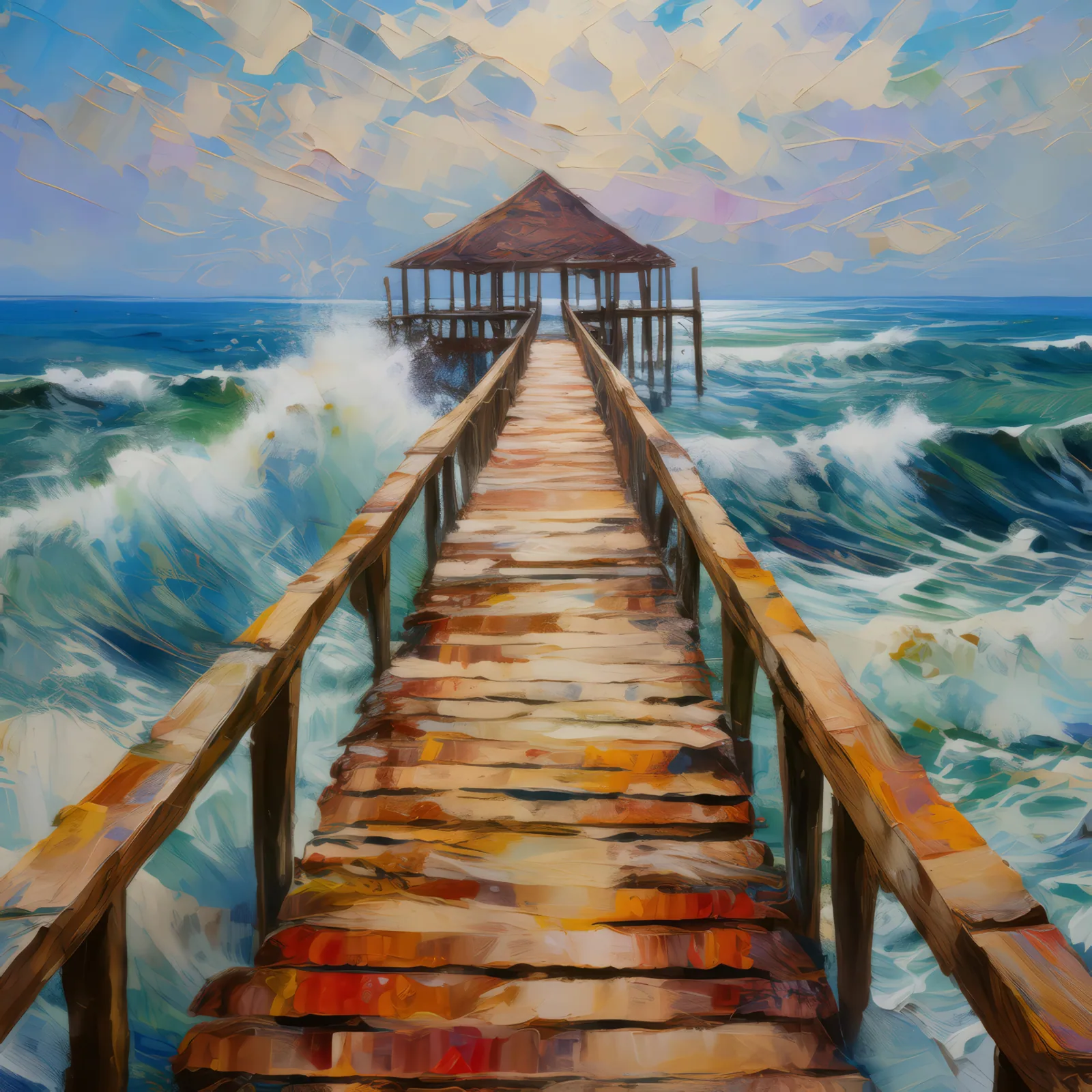 Abandoned Ocean Pier, a palette-knife oil landscape by Emma Mickelberg