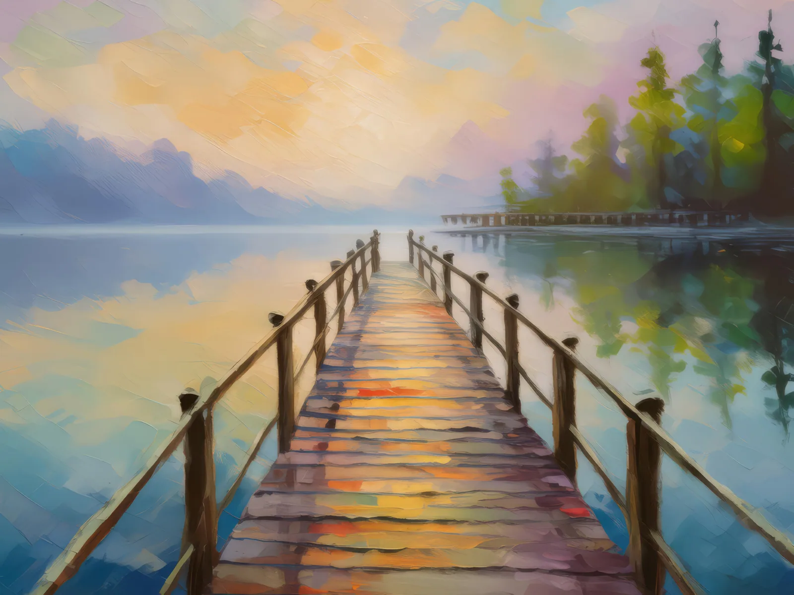 Abandoned Pier at Dawn, a palette-knife oil landscape by Emma Mickelberg