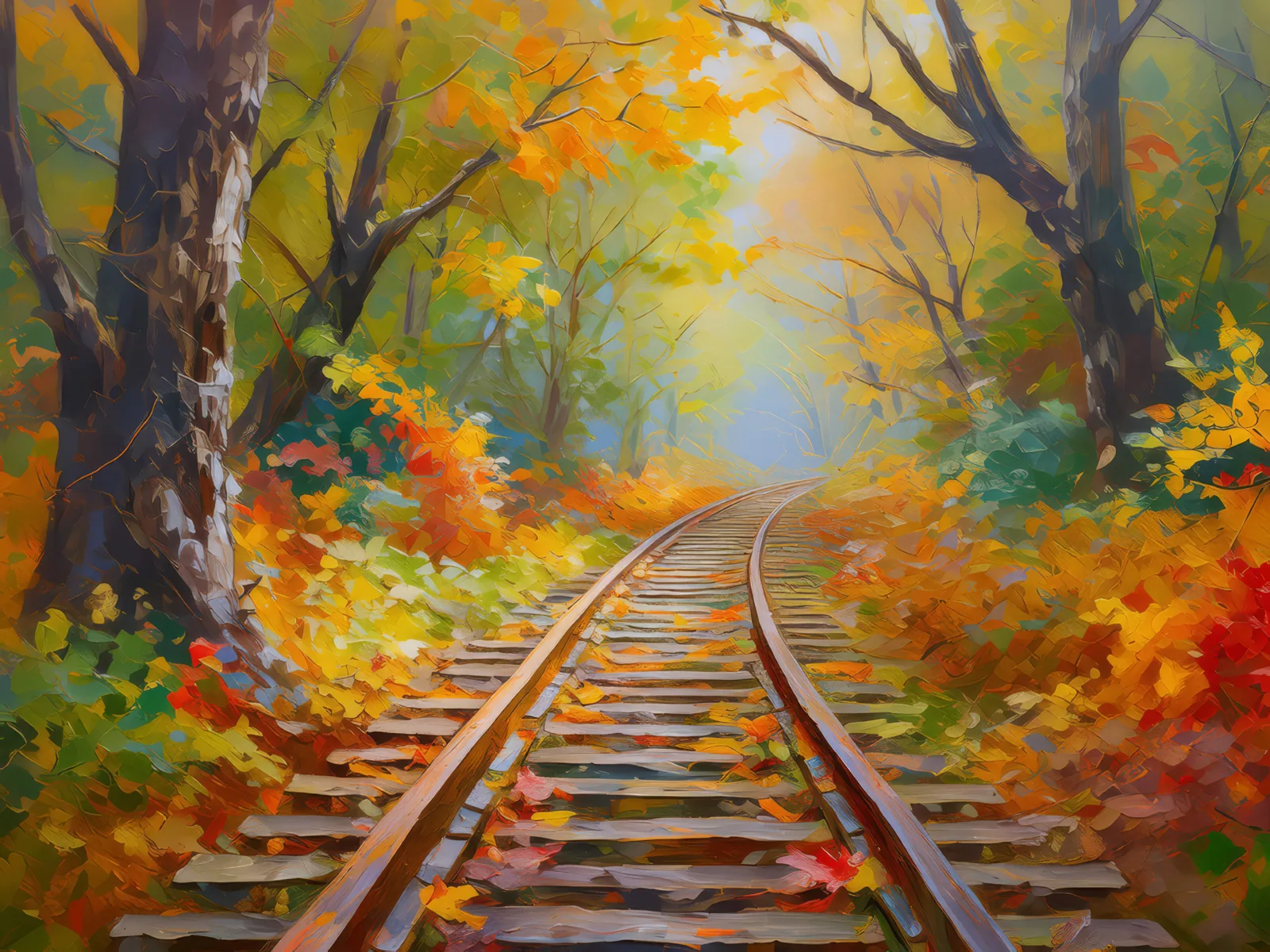 Abandoned Railway in Autumn, a palette-knife oil landscape by Emma Mickelberg