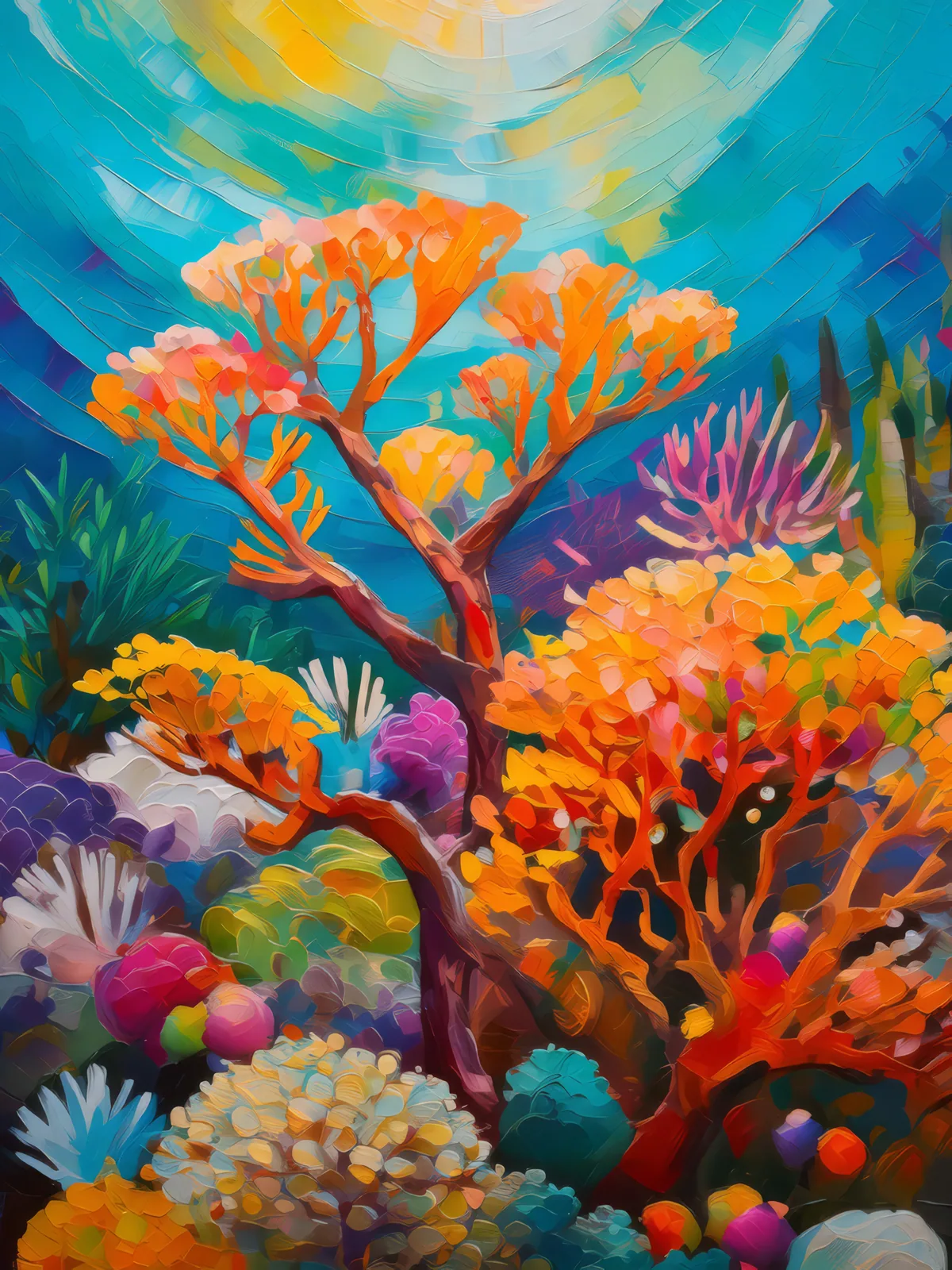 Abstract Coral Art, a palette-knife oil landscape by Emma Mickelberg
