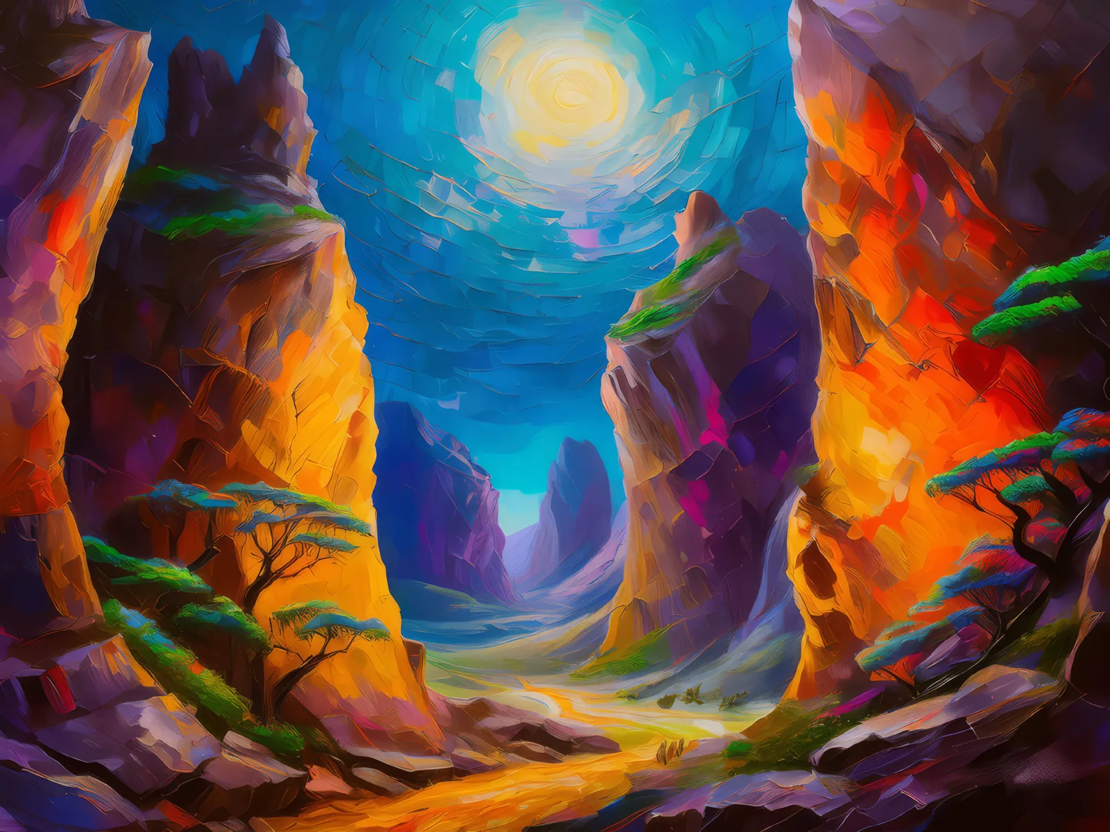 Alien Landscape Chasm, a palette-knife oil landscape by Emma Mickelberg