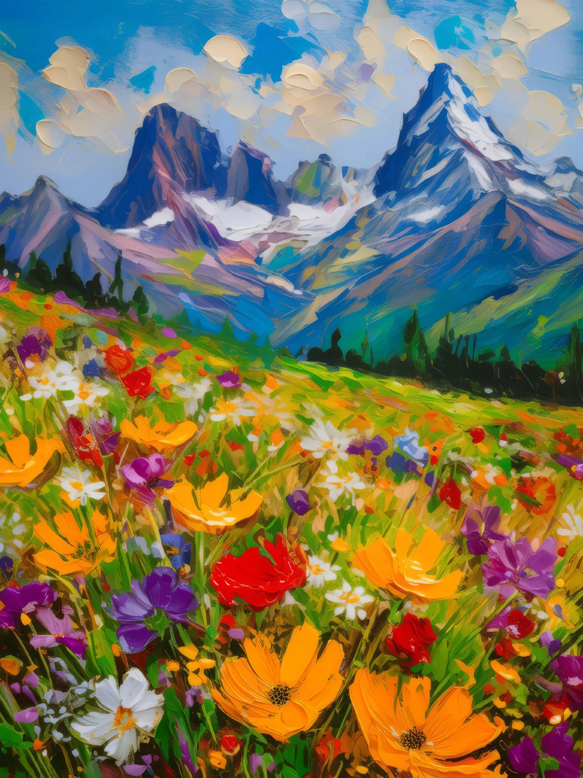 Alpine Blooms and Peaks, a palette-knife oil landscape by Emma Mickelberg