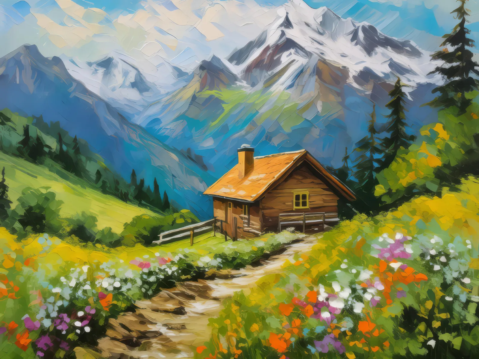 Alpine Cabin Getaway, a palette-knife oil landscape by Emma Mickelberg