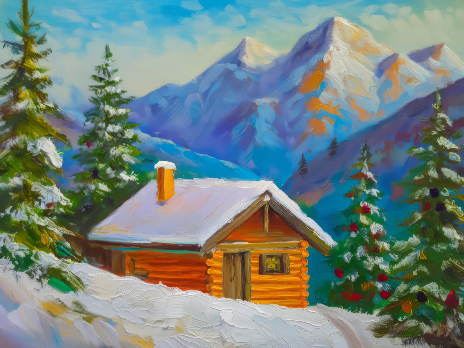 Alpine Cabin Retreat, a palette-knife oil landscape by Emma Mickelberg