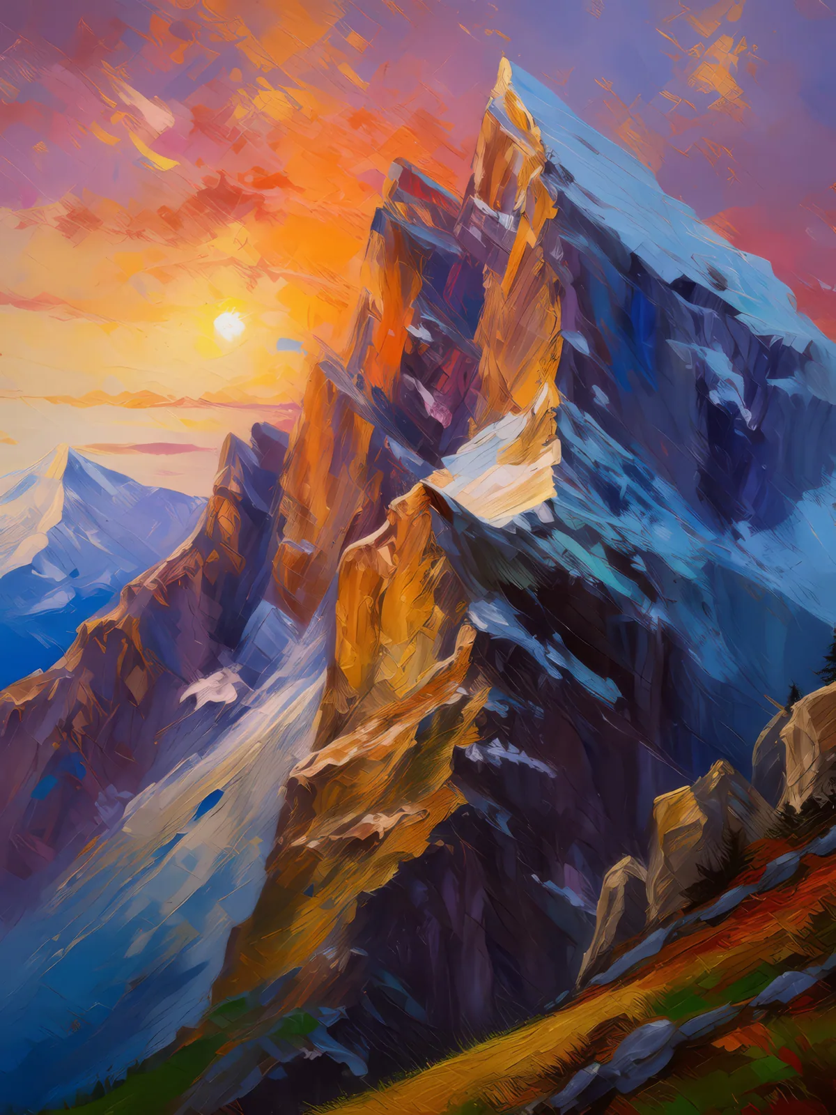 Alpine Cliffs at Dusk, a palette-knife oil landscape by Emma Mickelberg