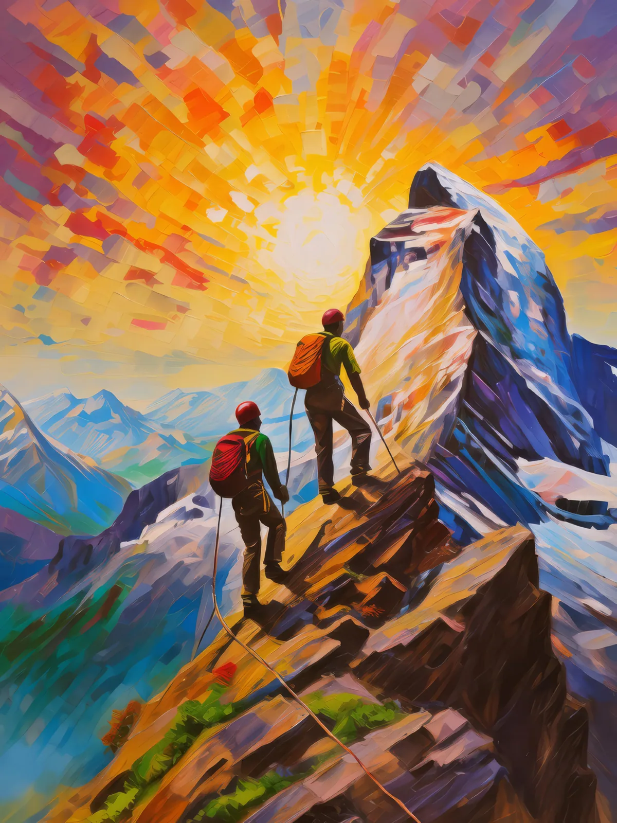 Alpine Climbers at Dawn, a palette-knife oil landscape by Emma Mickelberg