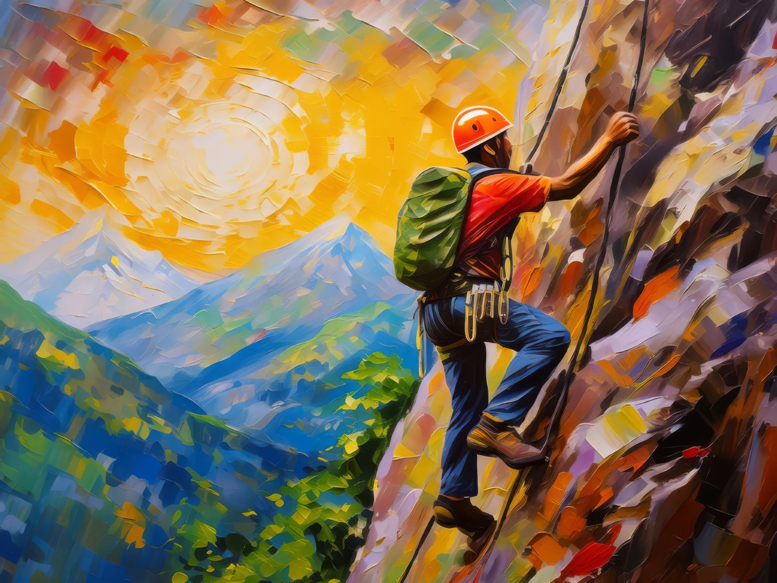 Alpine Climber's Journey, a palette-knife oil landscape by Emma Mickelberg