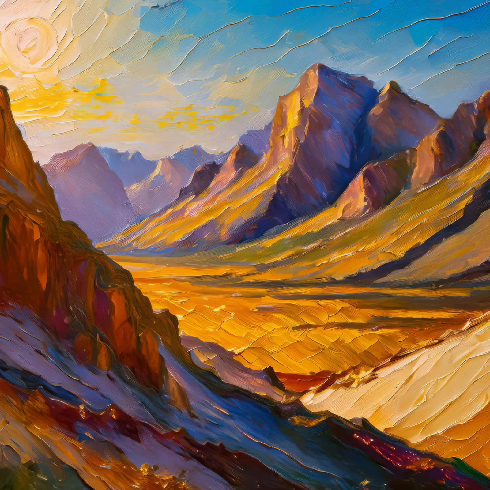 Alpine Desert Afternoon Sun, a palette-knife oil landscape by Emma Mickelberg