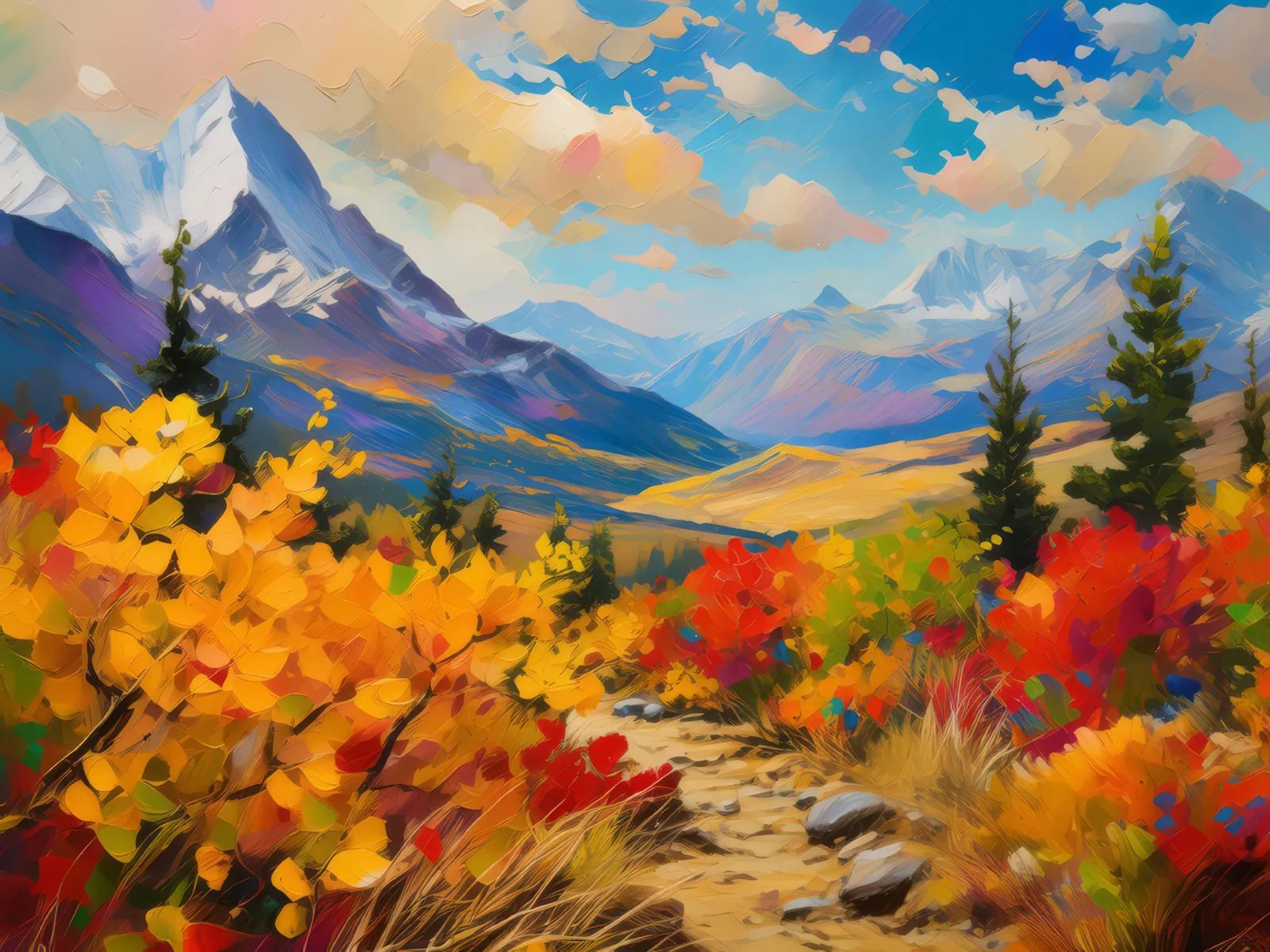 Alpine Desert Autumn Splendor, a palette-knife oil landscape by Emma Mickelberg