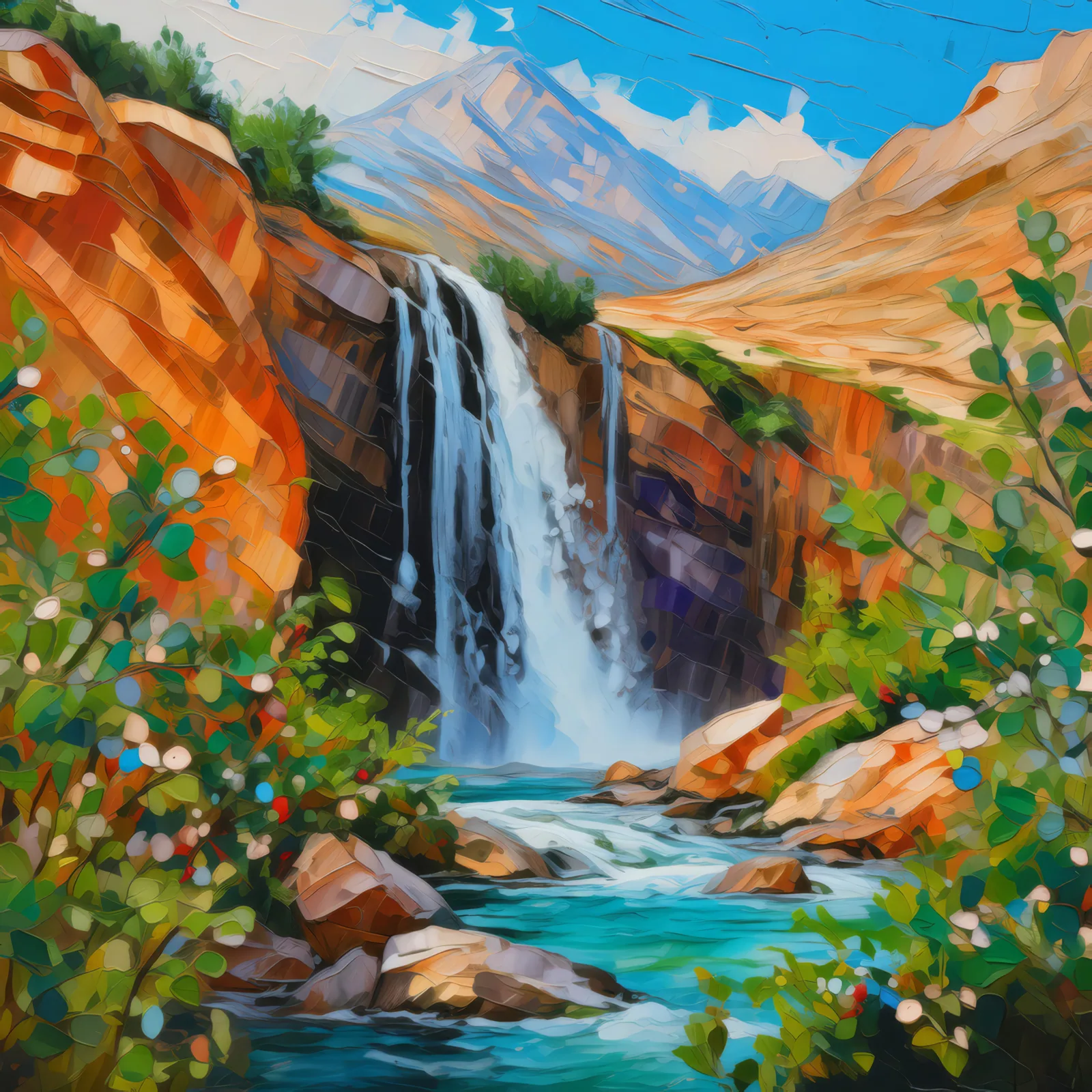 Alpine Desert Cascade View, a palette-knife oil landscape by Emma Mickelberg