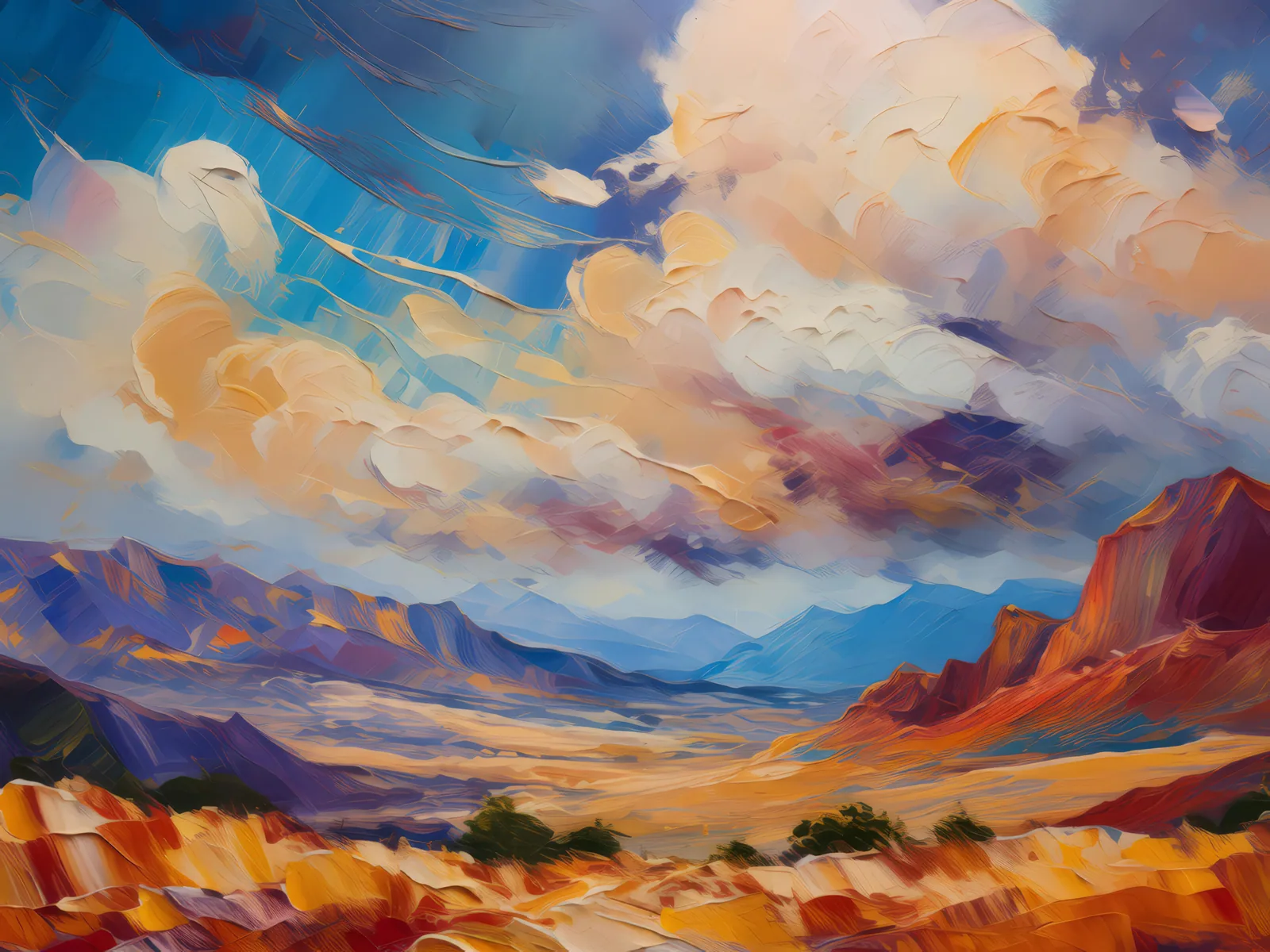 Alpine Desert Cloudscape, a palette-knife oil landscape by Emma Mickelberg