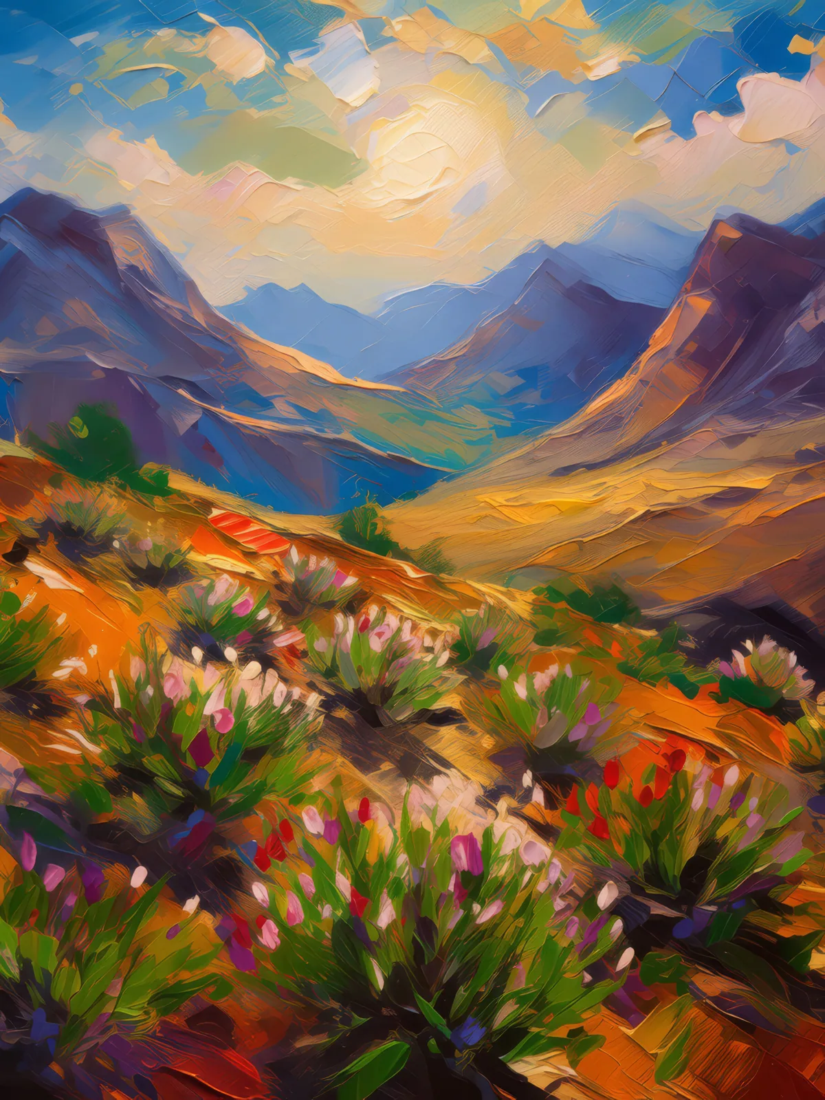Alpine Desert Early Morning, a palette-knife oil landscape by Emma Mickelberg