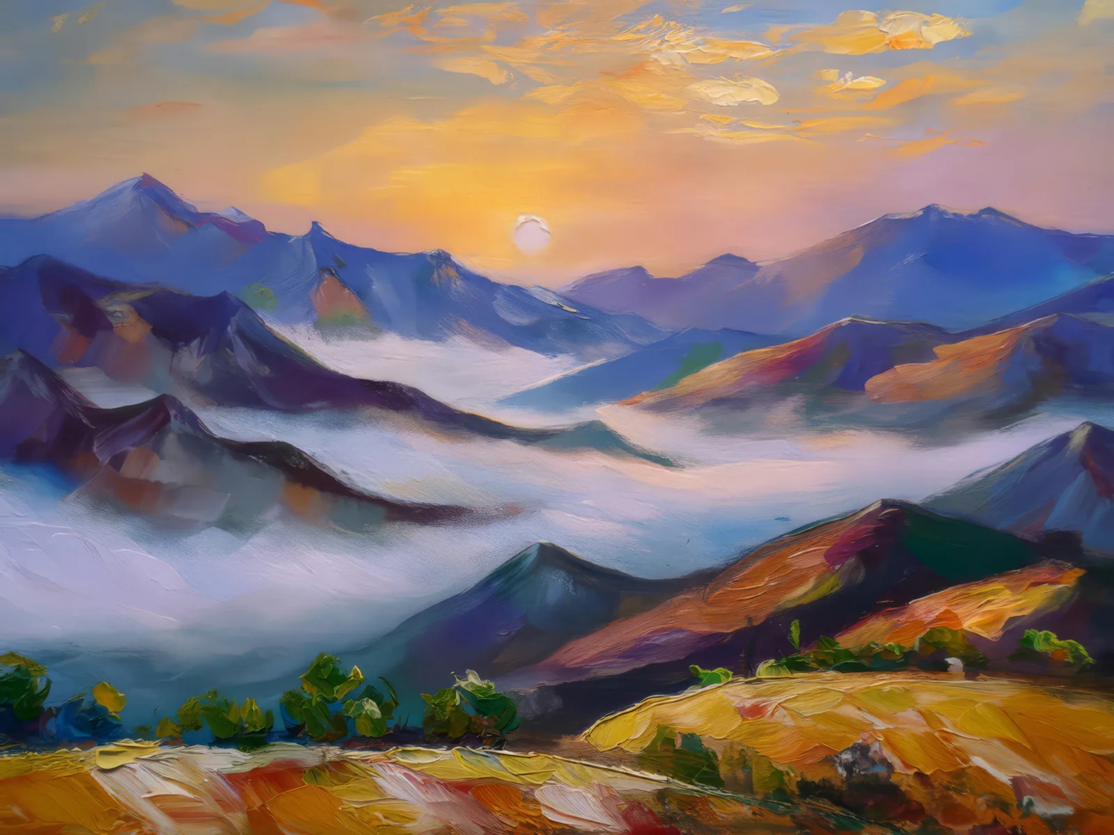 Alpine Desert Foggy Dawn, a palette-knife oil landscape by Emma Mickelberg