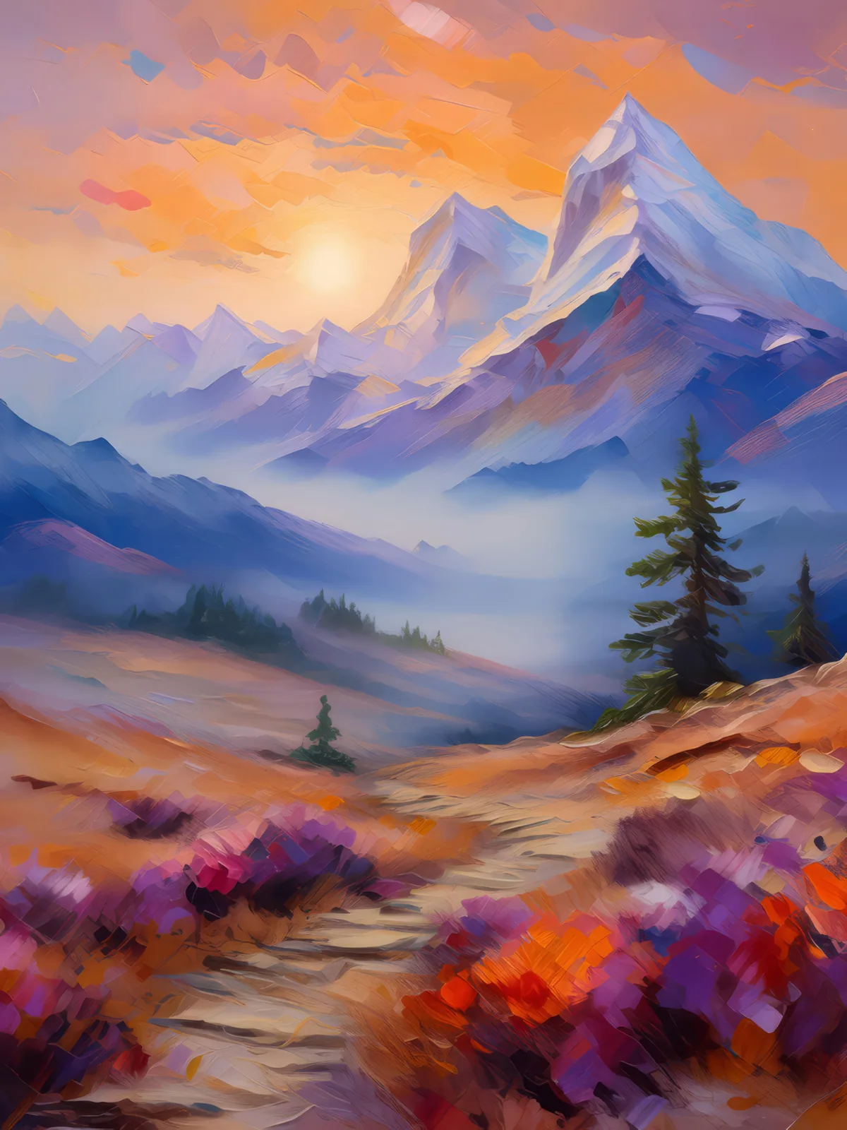 Alpine Desert Foggy Morning, a palette-knife oil landscape by Emma Mickelberg
