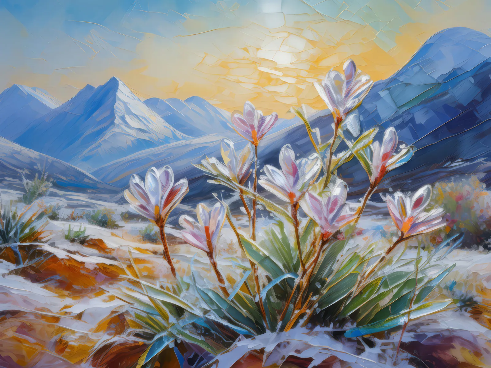 Alpine Desert Frosty Morn, a palette-knife oil landscape by Emma Mickelberg