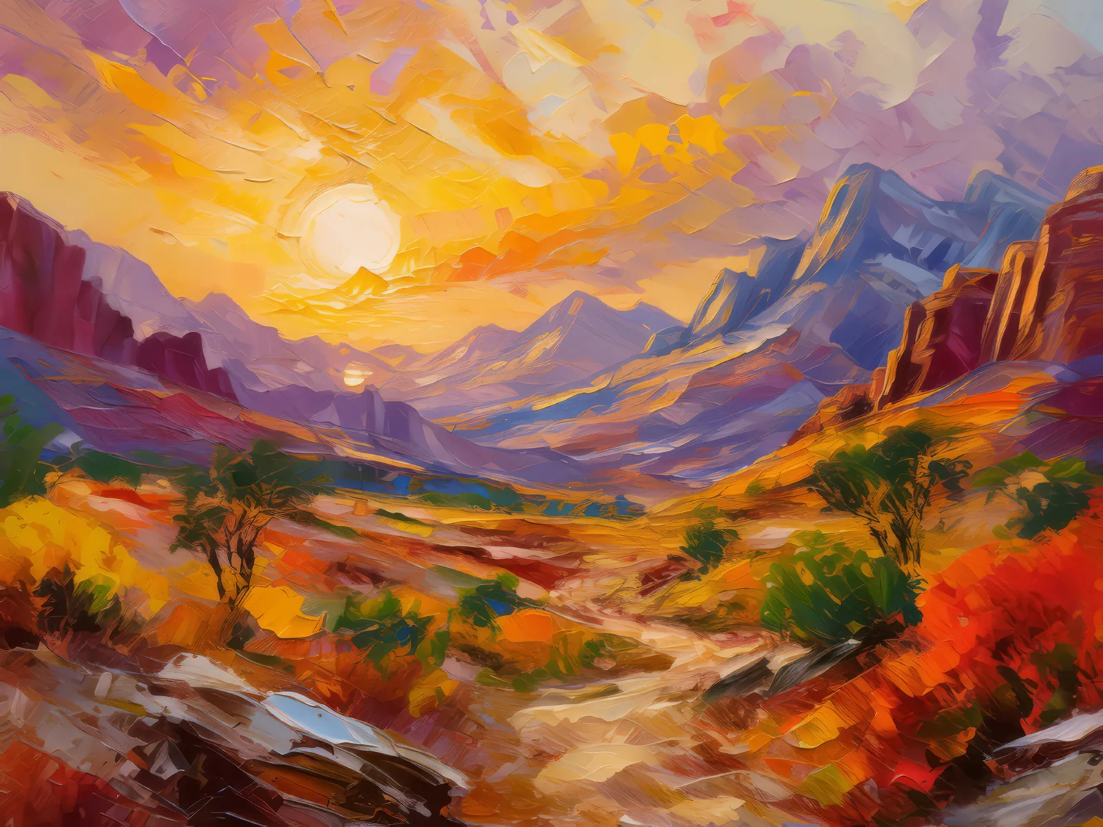 Alpine Desert Golden Hour, a palette-knife oil landscape by Emma Mickelberg
