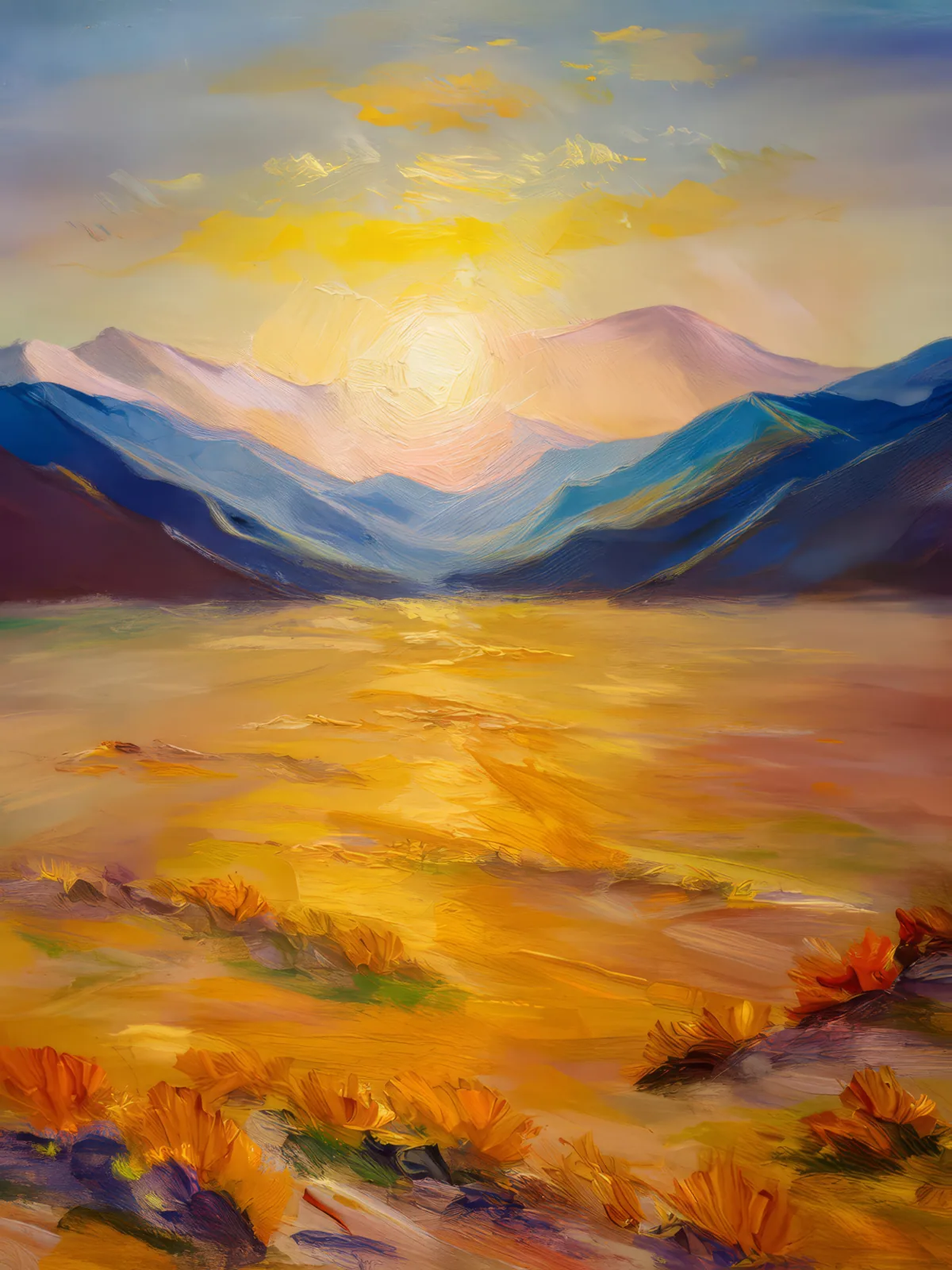 Alpine Desert Midday Mirage, a palette-knife oil landscape by Emma Mickelberg