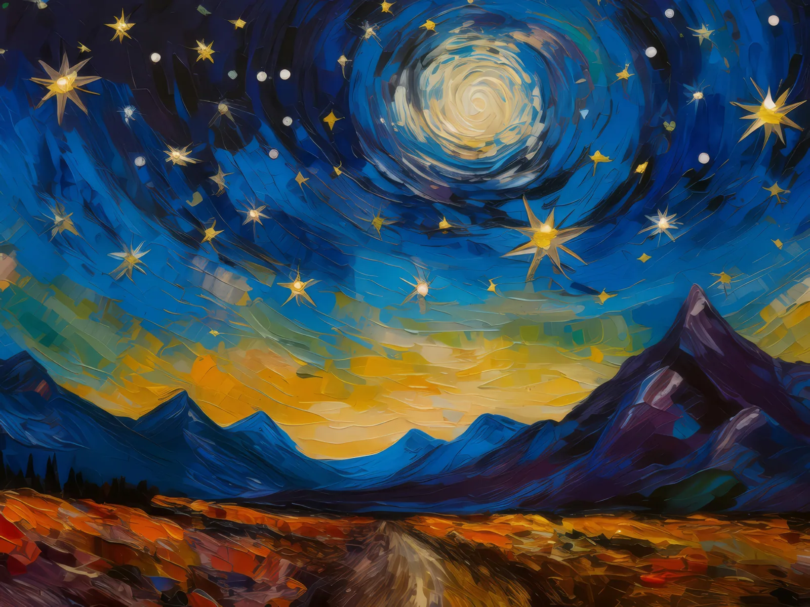 Alpine Desert Midnight Stars, a palette-knife oil landscape by Emma Mickelberg
