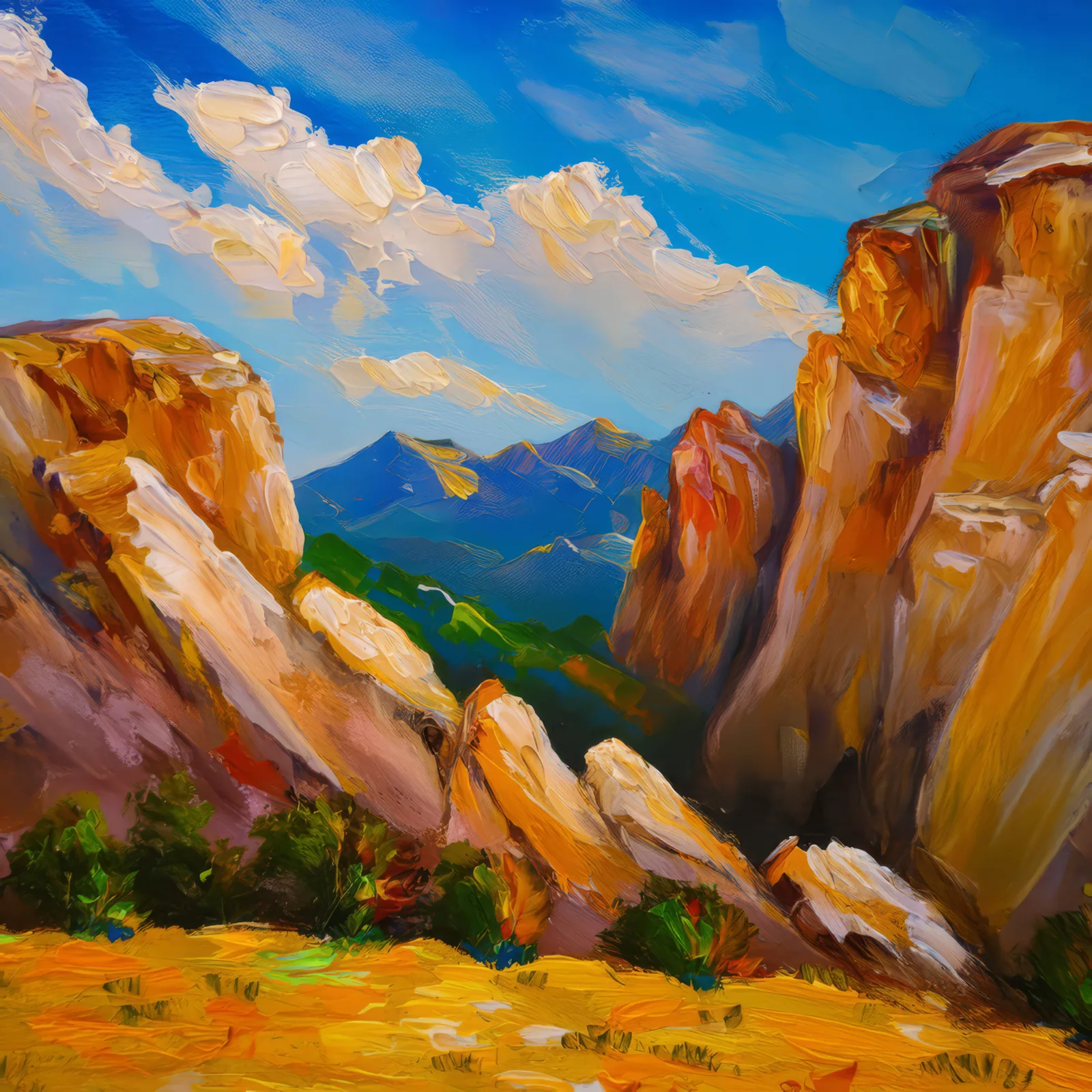 Alpine Desert Rocky Cliffs, a palette-knife oil landscape by Emma Mickelberg
