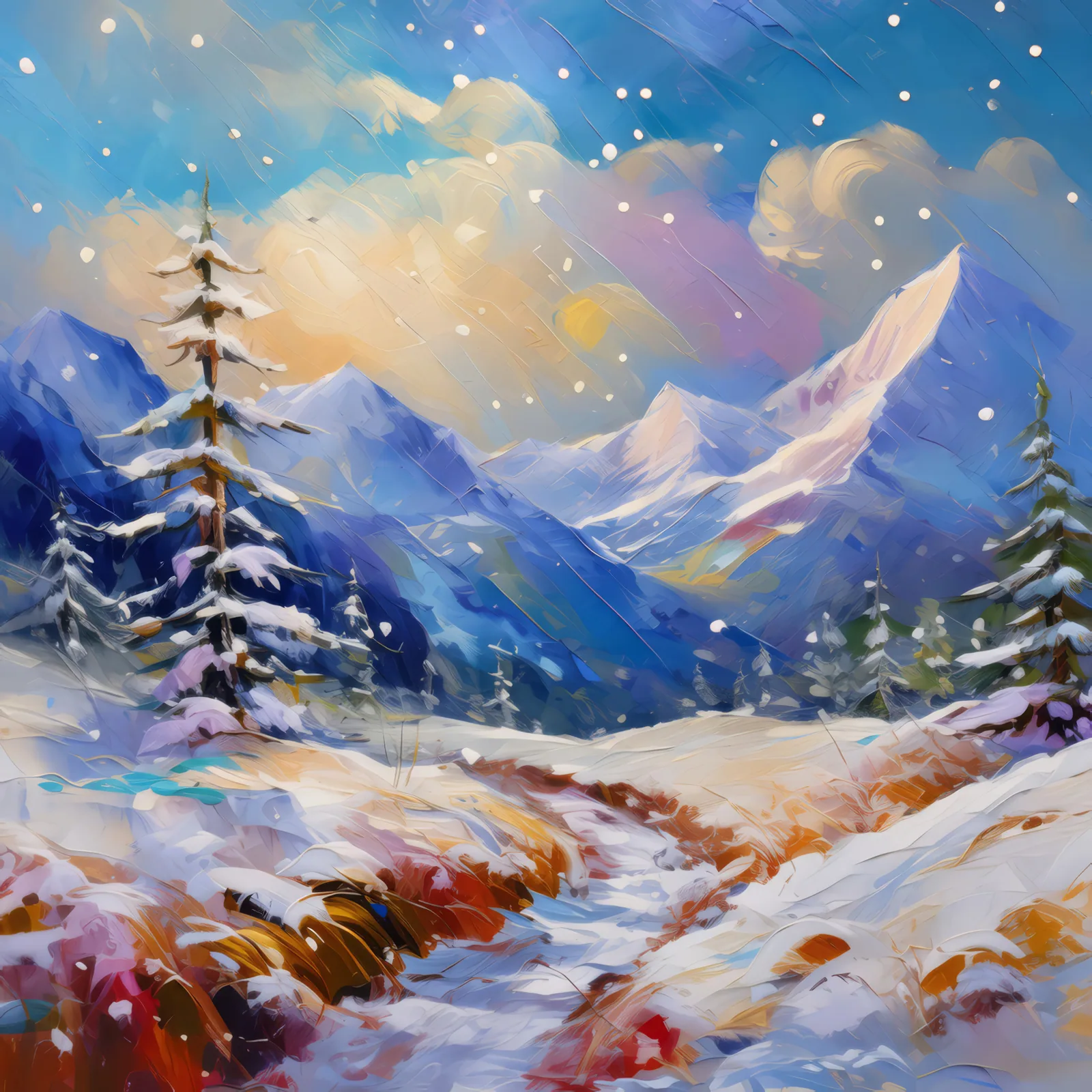 Alpine Desert Snowfall Magic, a palette-knife oil landscape by Emma Mickelberg