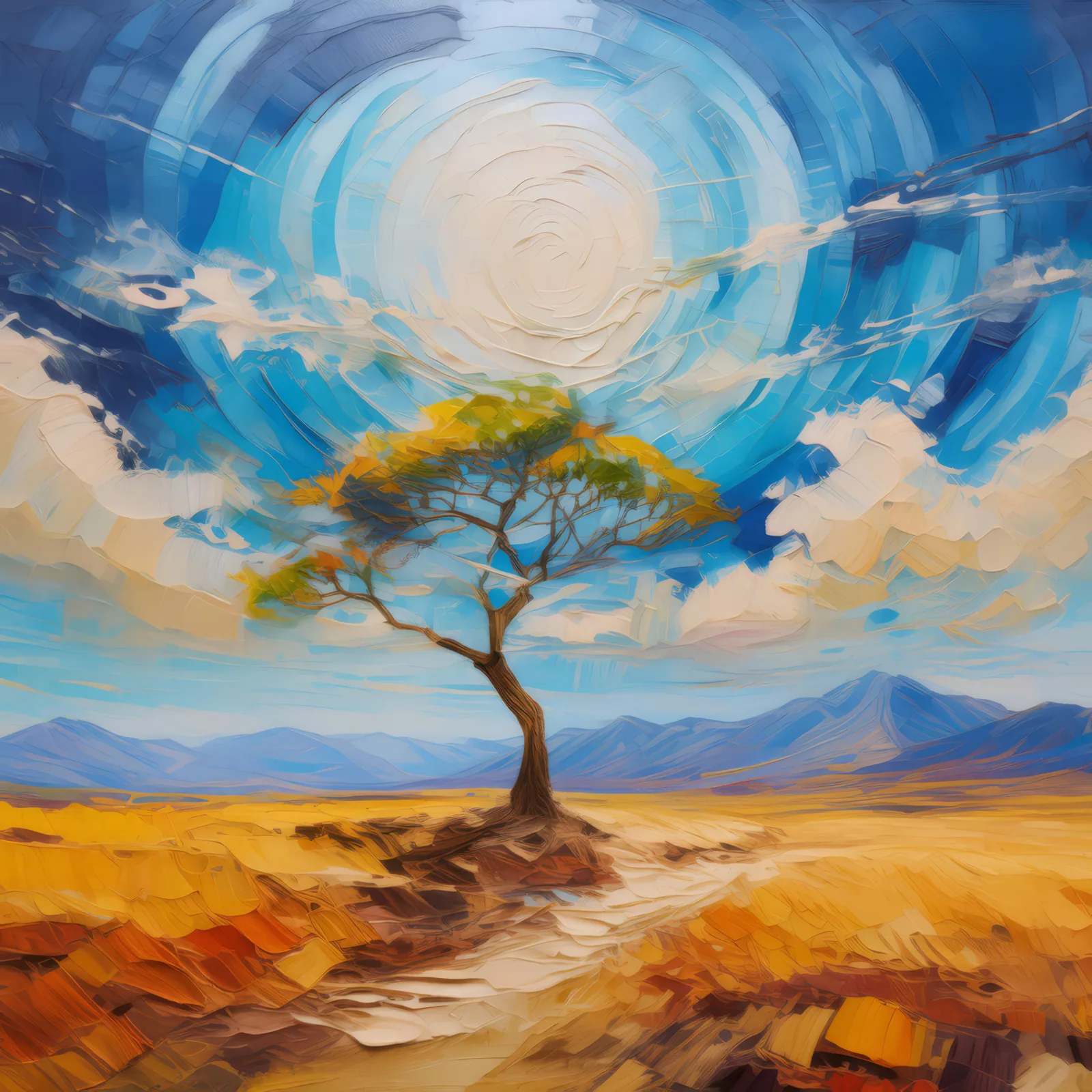Alpine Desert Solitary Tree, a palette-knife oil landscape by Emma Mickelberg