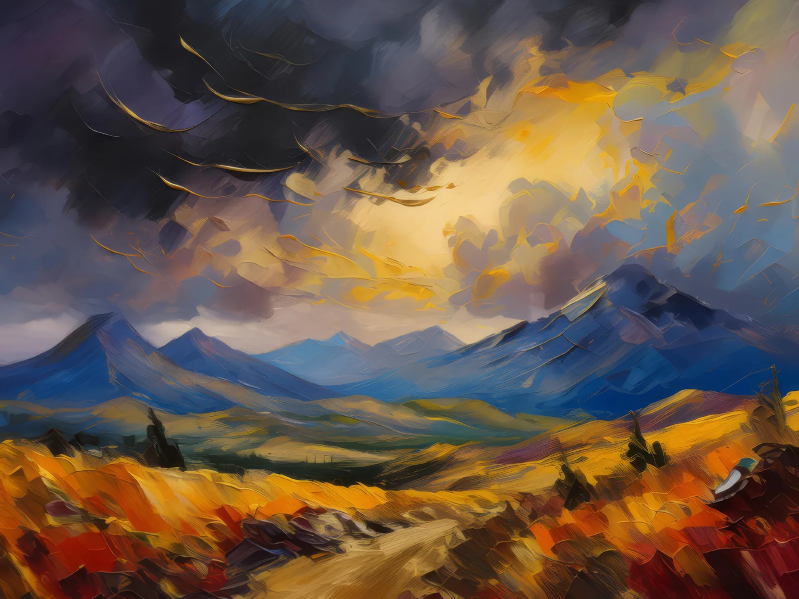 Alpine Desert Storm Approaching, a palette-knife oil landscape by Emma Mickelberg