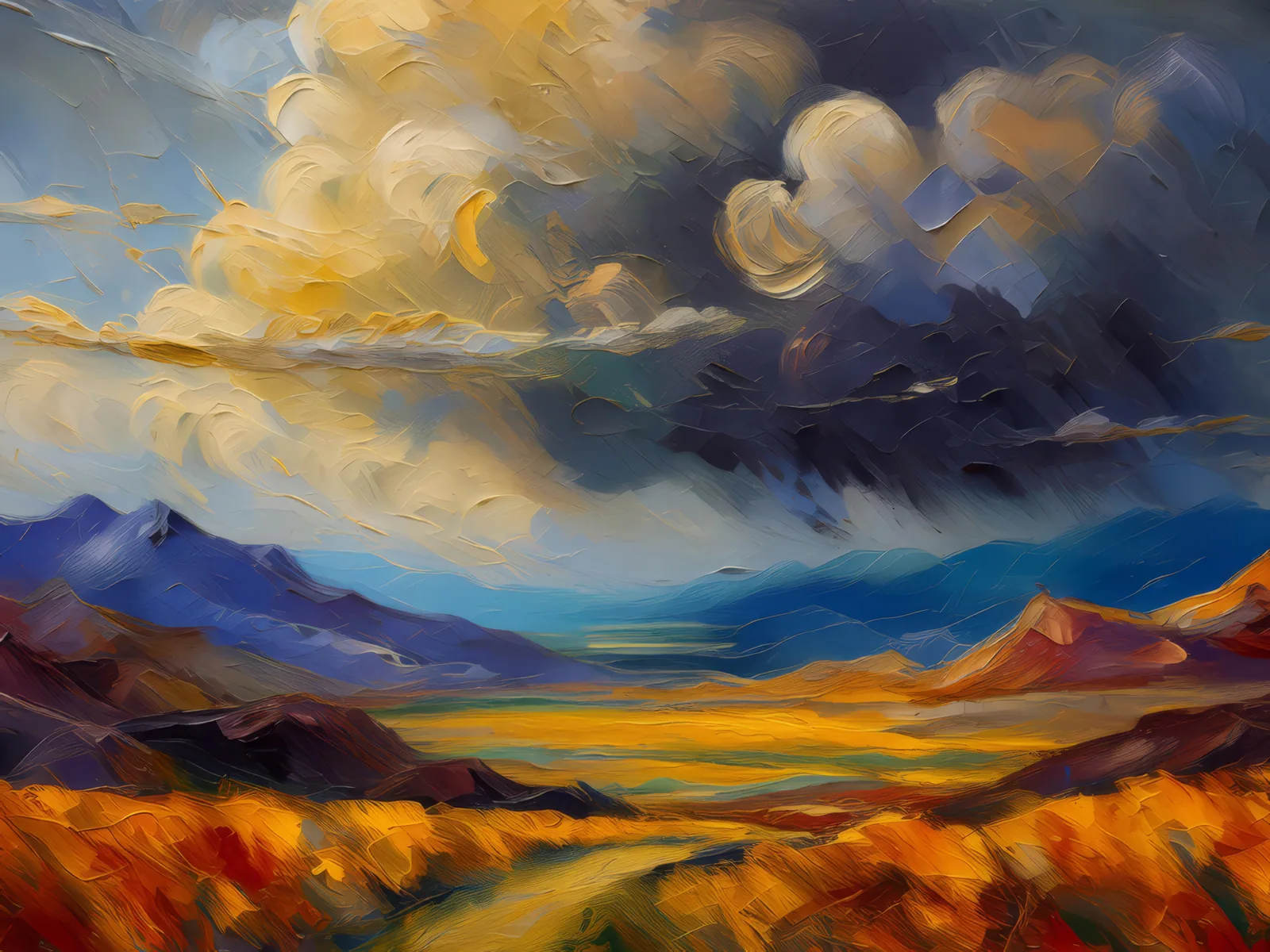 Alpine Desert Stormy Evening, a palette-knife oil landscape by Emma Mickelberg