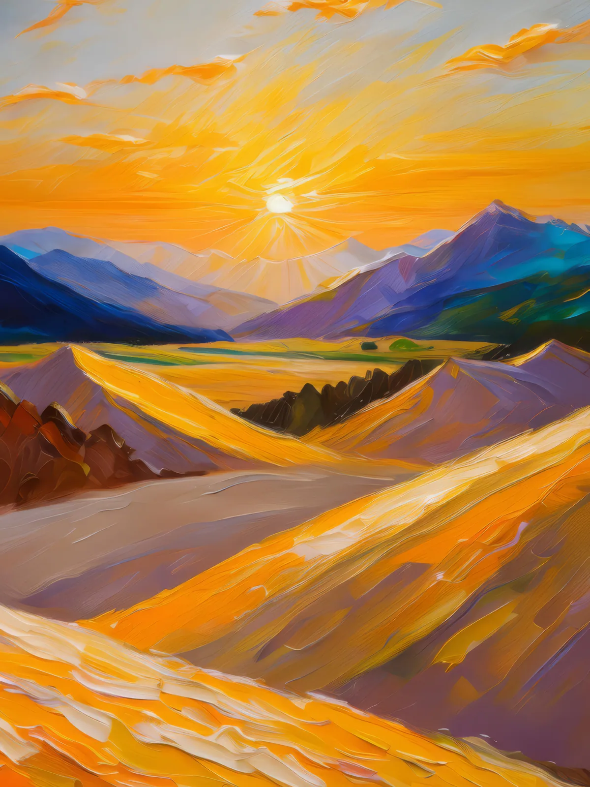 Alpine Desert Sunrise Glow, a palette-knife oil landscape by Emma Mickelberg