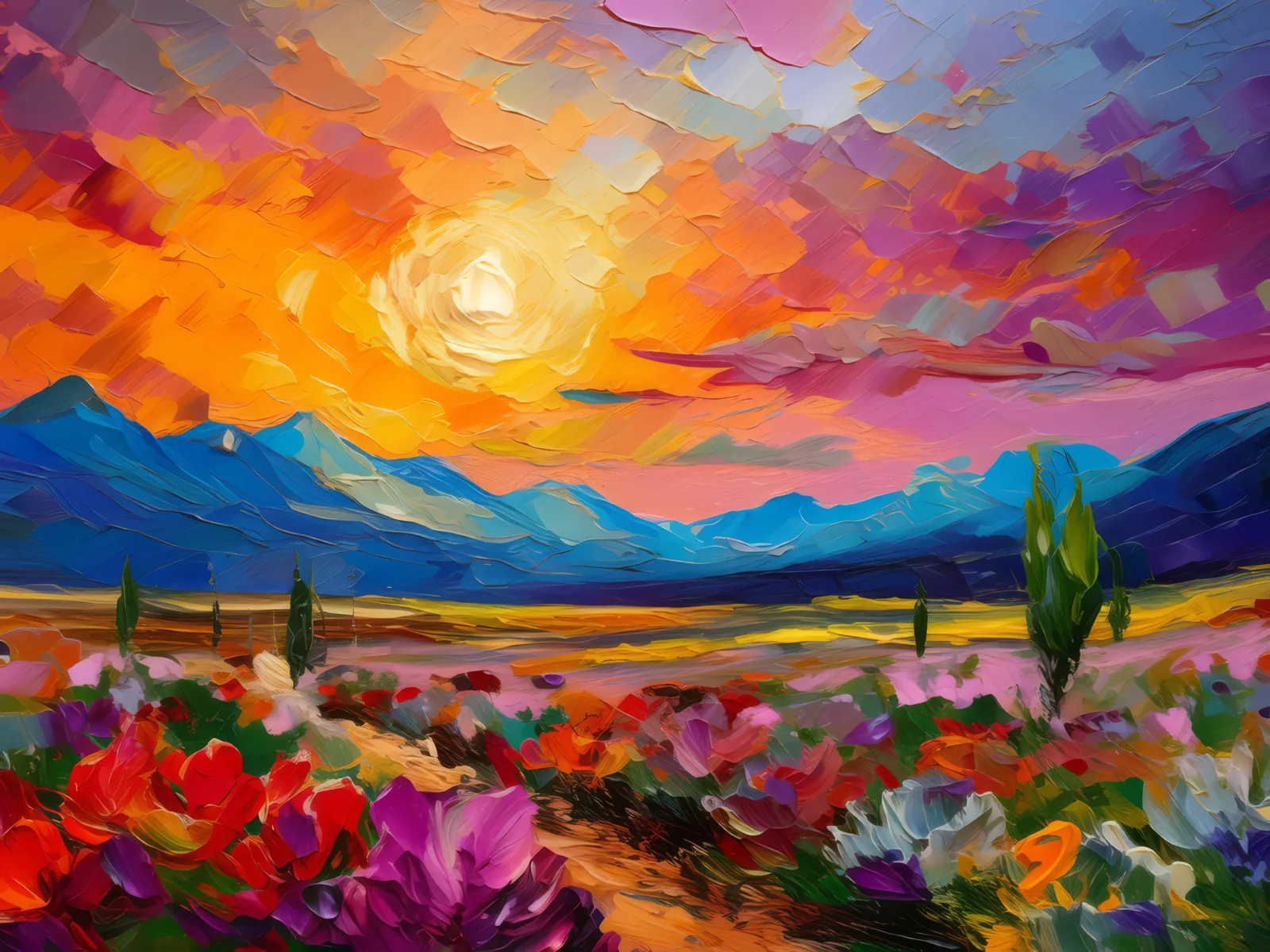 Alpine Desert Sunset Colors, a palette-knife oil landscape by Emma Mickelberg