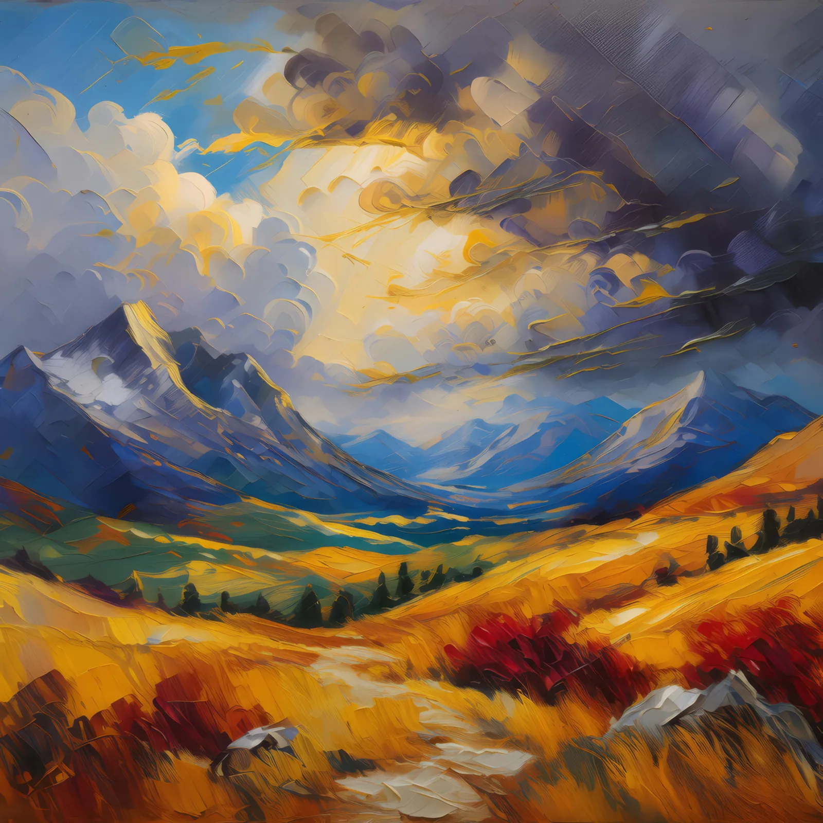 Alpine Desert Thunderstorm Brewing, a palette-knife oil landscape by Emma Mickelberg