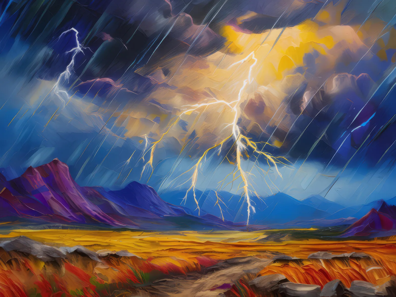 Alpine Desert Thunderstorm, a palette-knife oil landscape by Emma Mickelberg
