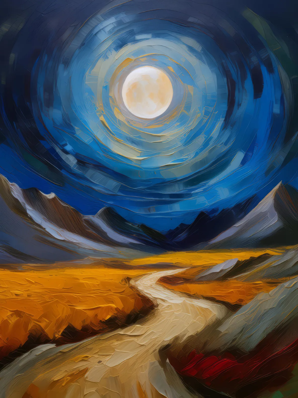 Alpine Desert Under Moonlight, a palette-knife oil landscape by Emma Mickelberg