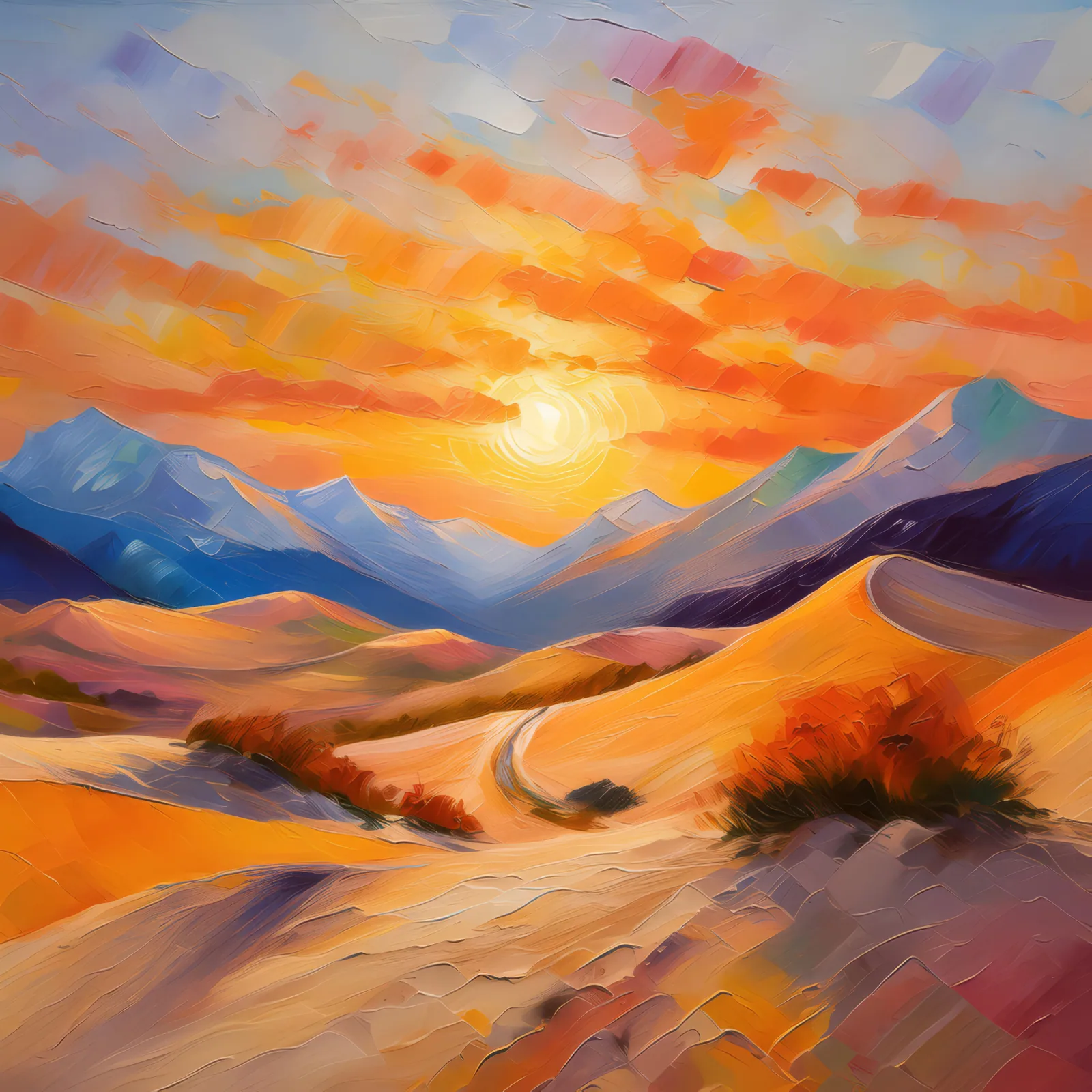 Alpine Desert Vivid Sunset, a palette-knife oil landscape by Emma Mickelberg