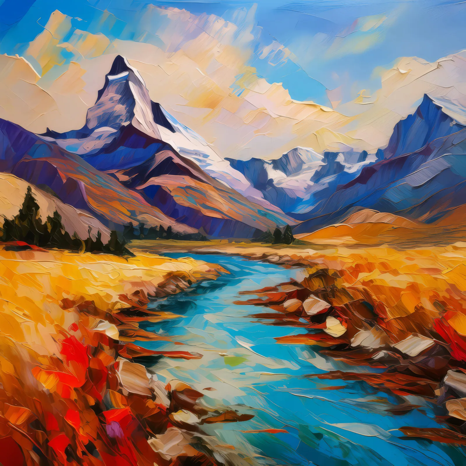 Alpine Desert with River, a palette-knife oil landscape by Emma Mickelberg