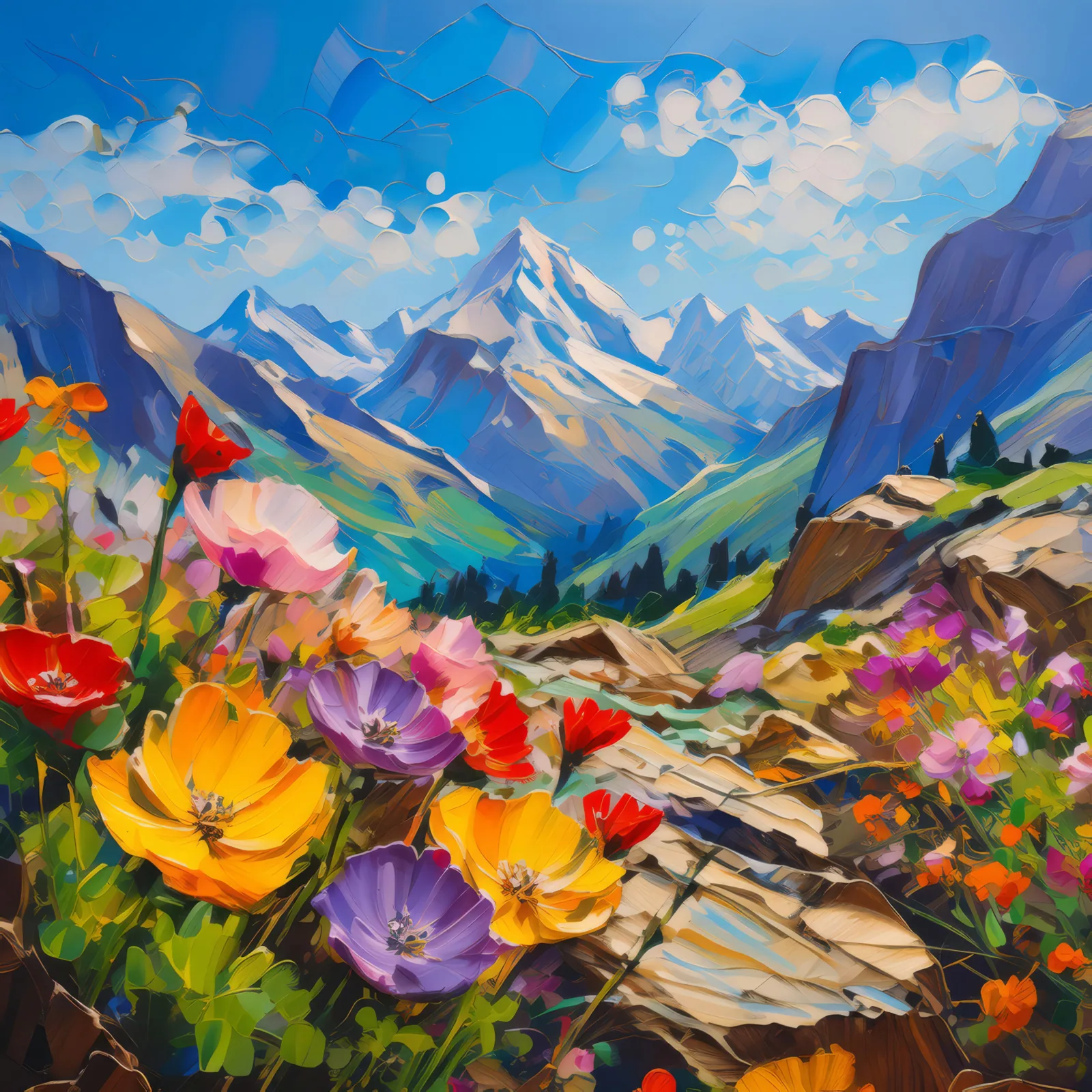 Alpine Flower Garden, a palette-knife oil landscape by Emma Mickelberg