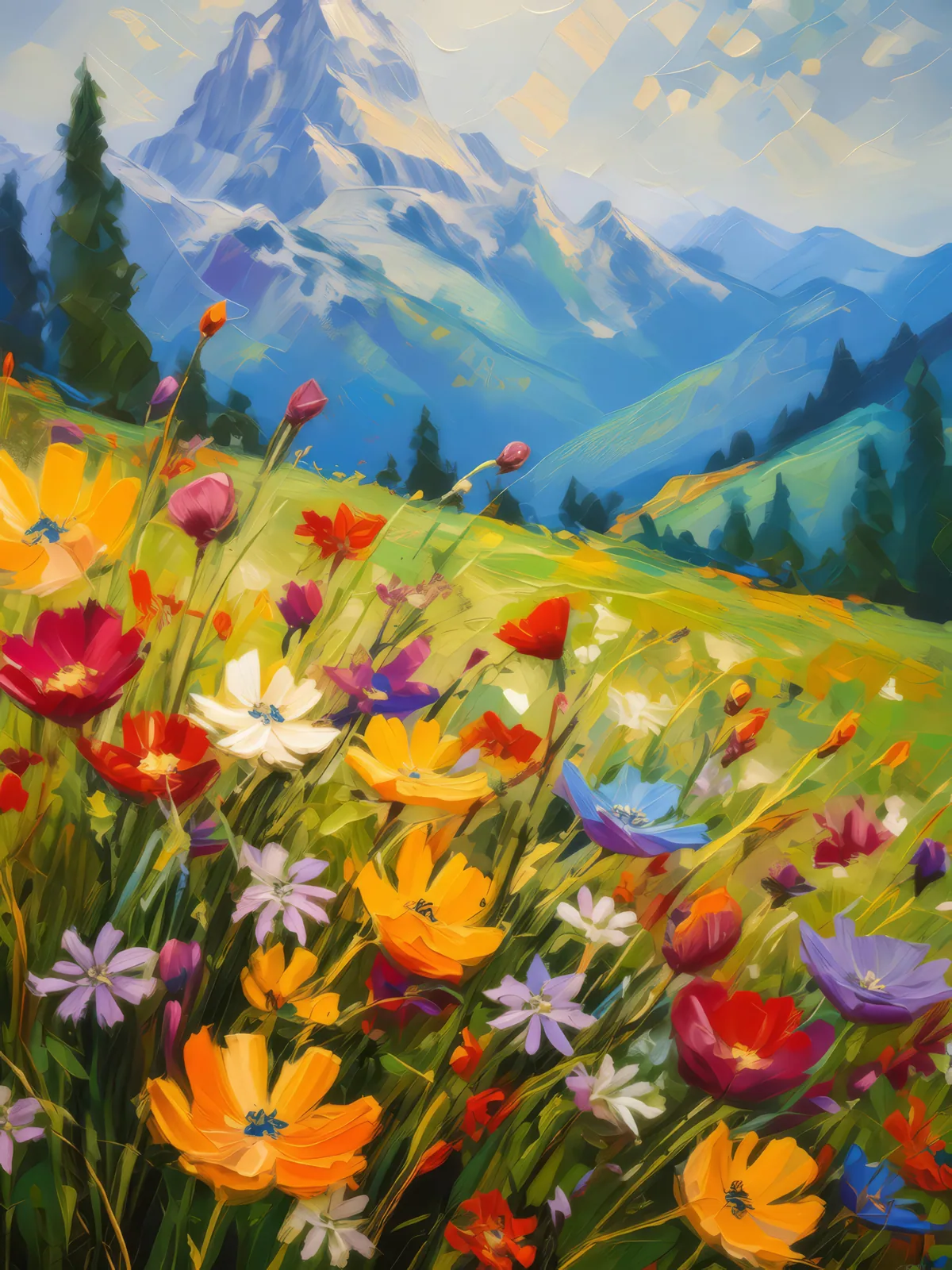 Alpine Flowers in Bloom, a palette-knife oil landscape by Emma Mickelberg