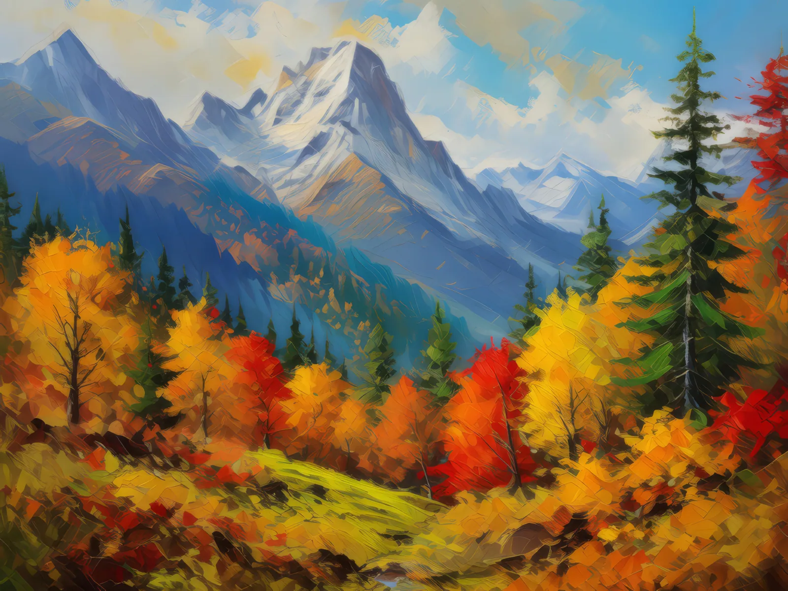 Alpine Forest in Autumn, a palette-knife oil landscape by Emma Mickelberg