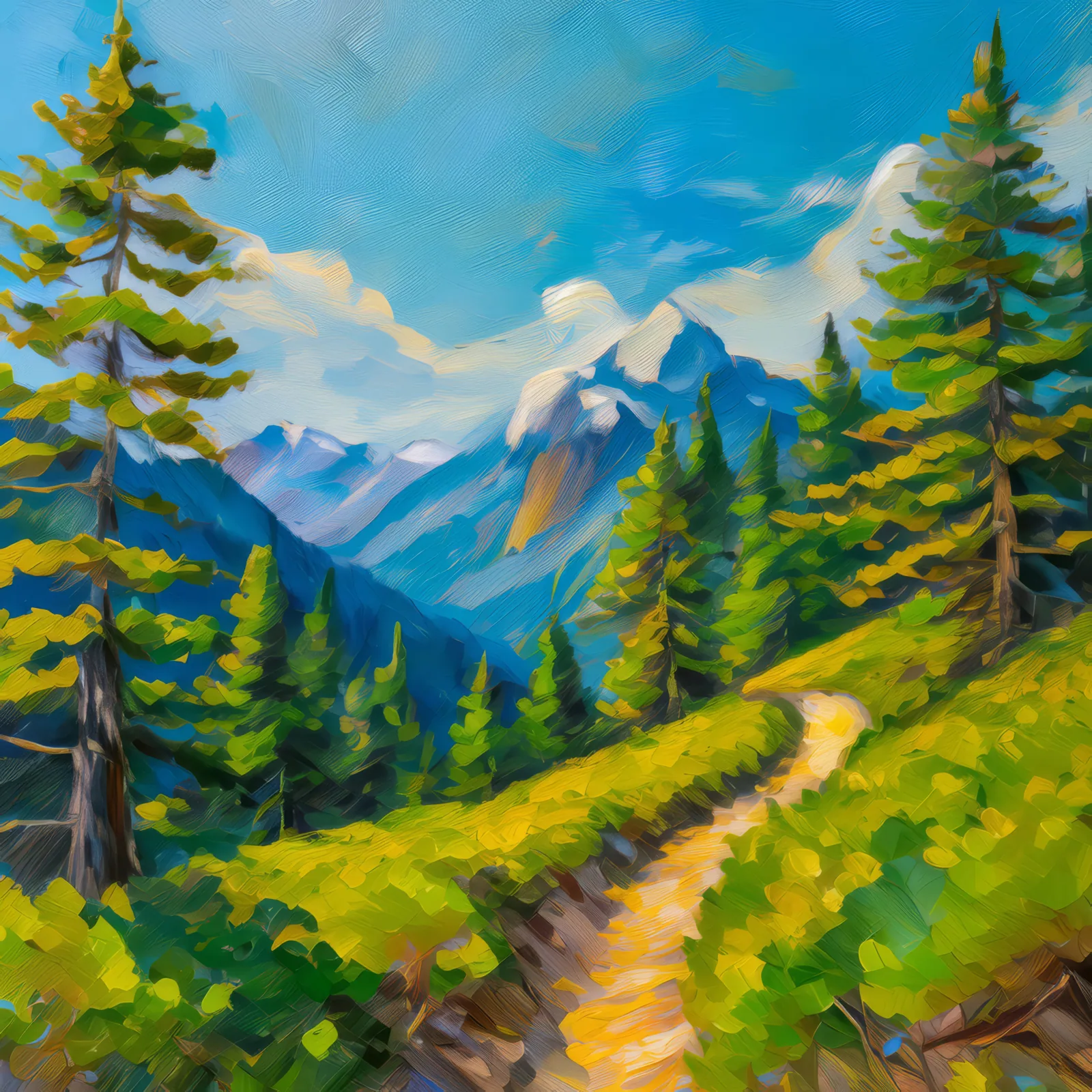 Alpine Forest Path, a palette-knife oil landscape by Emma Mickelberg
