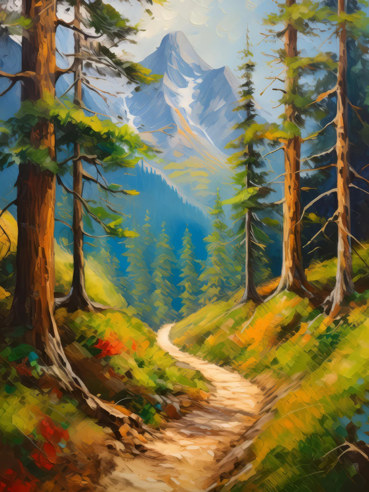 Alpine Forest Pathway, a palette-knife oil landscape by Emma Mickelberg