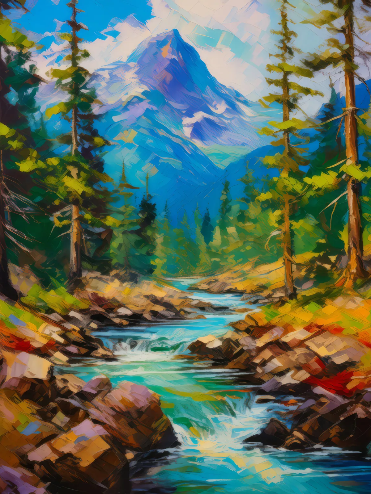 Alpine Forest Stream, a palette-knife oil landscape by Emma Mickelberg
