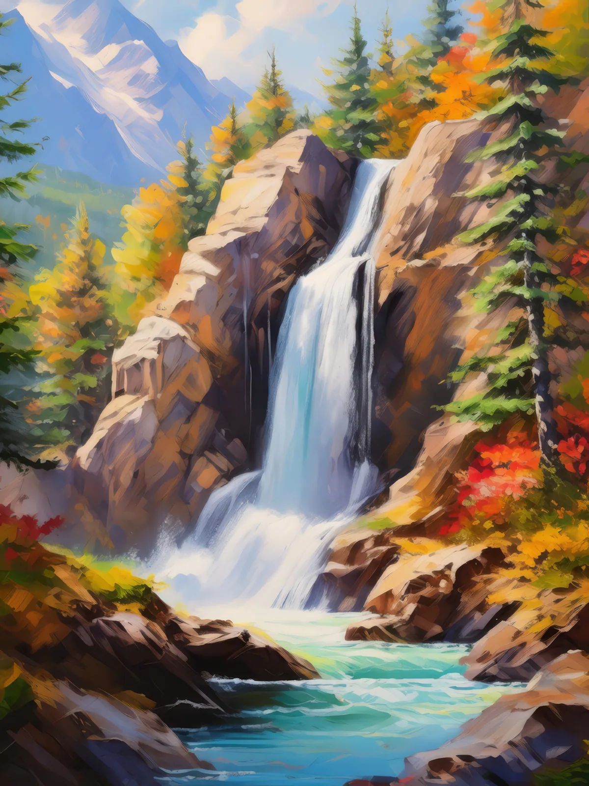 Alpine Forest Waterfall, a palette-knife oil landscape by Emma Mickelberg