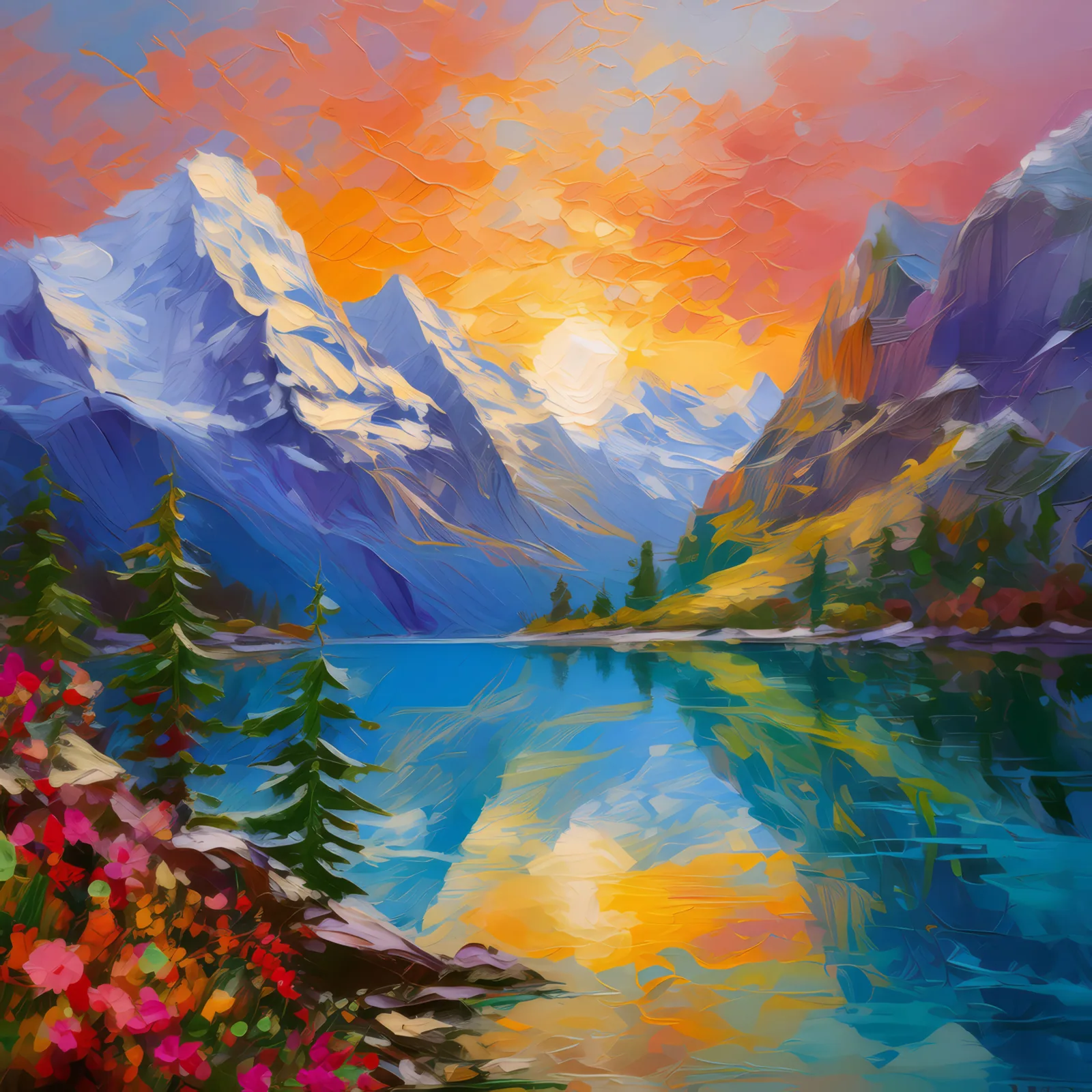 Alpine Glacial Lake Sunrise, a palette-knife oil landscape by Emma Mickelberg